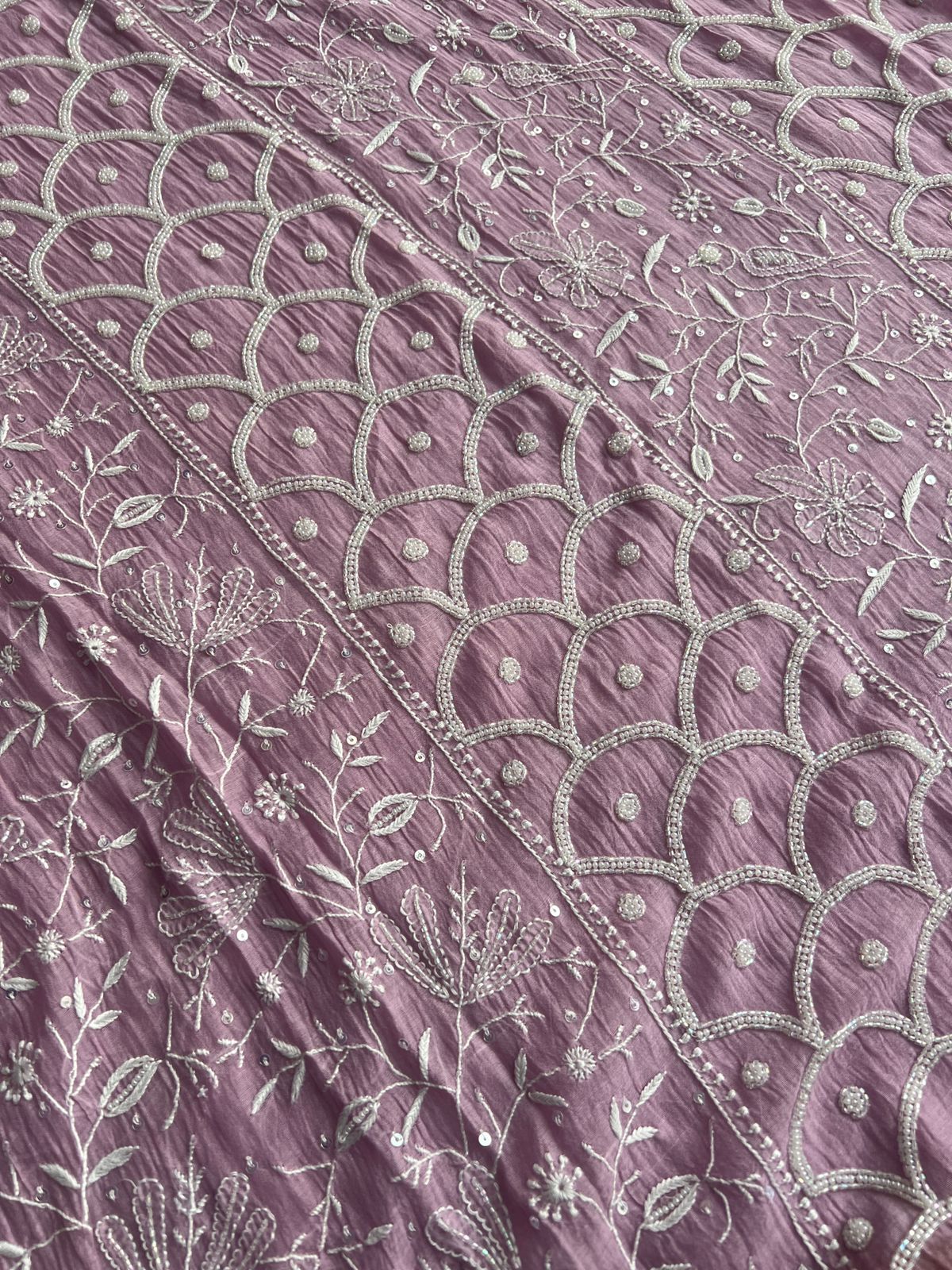 Mul chanderi Semi stitched Kurta dupatta with Cutdana and pearl