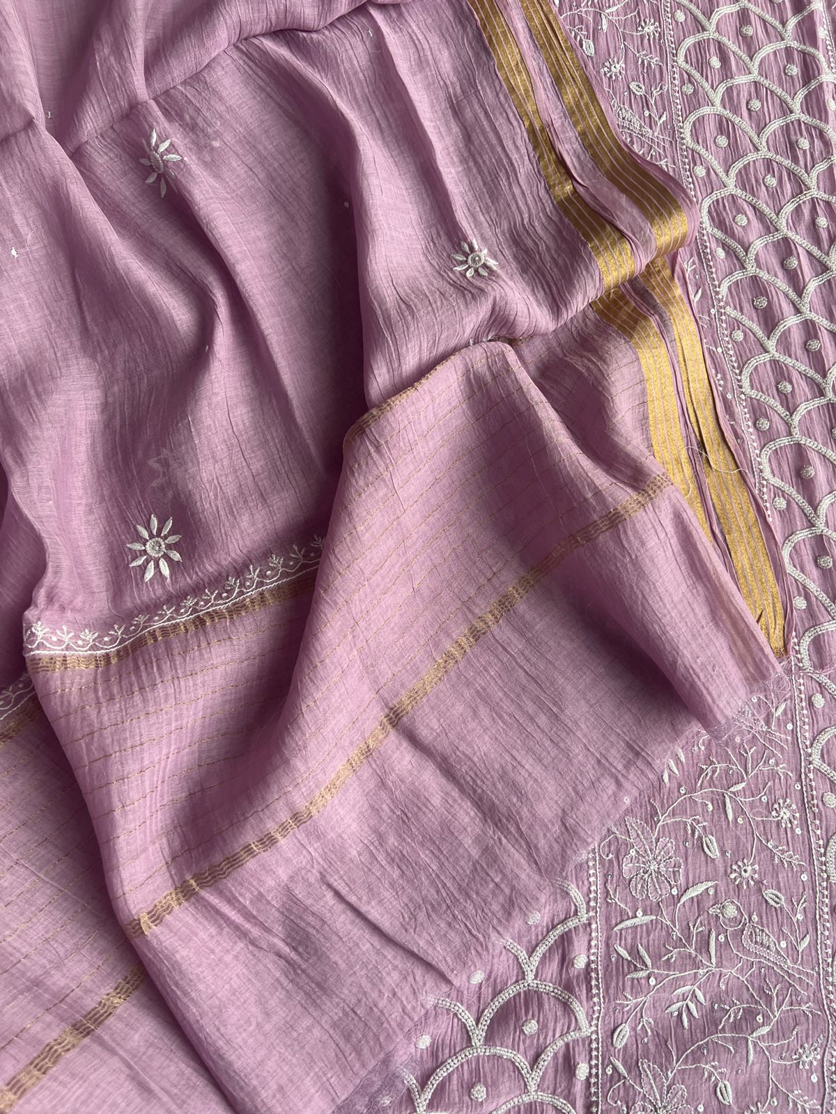 Mul chanderi Semi stitched Kurta dupatta with Cutdana and pearl