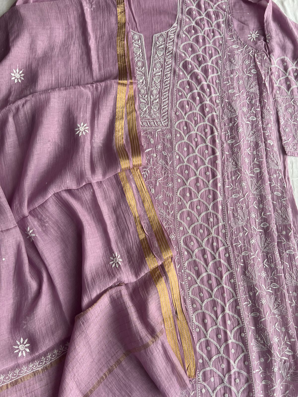 Mul chanderi Semi stitched Kurta dupatta with Cutdana and pearl