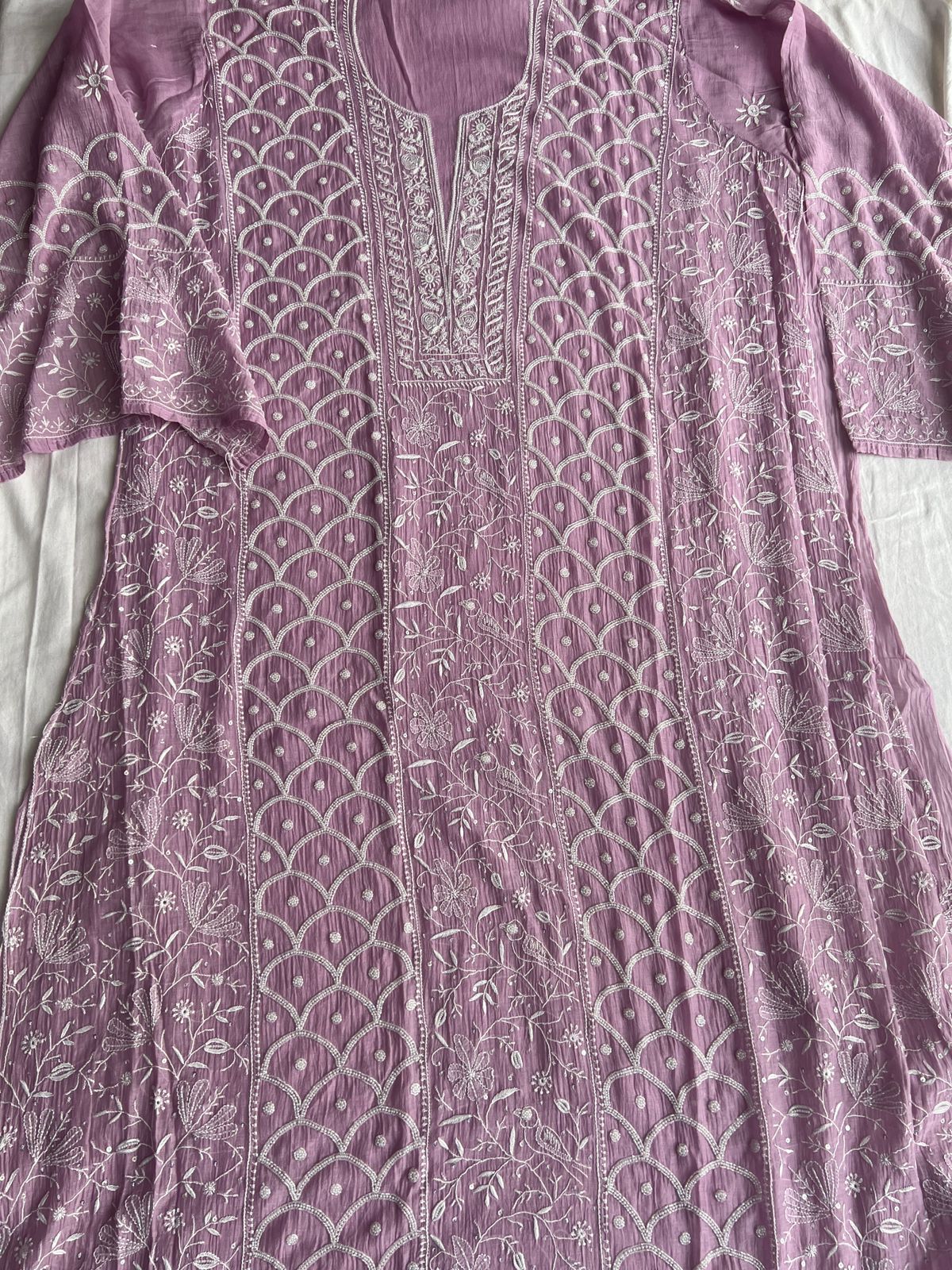 Mul chanderi Semi stitched Kurta dupatta with Cutdana and pearl