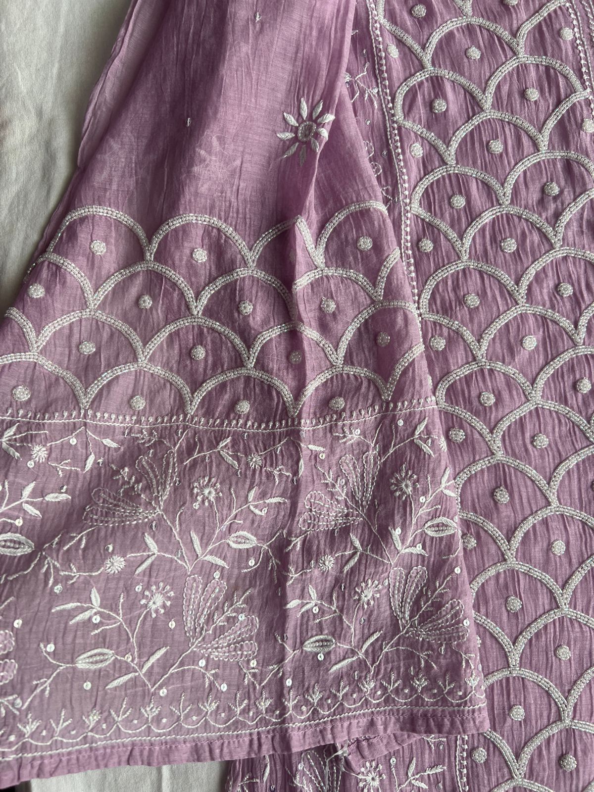 Mul chanderi Semi stitched Kurta dupatta with Cutdana and pearl