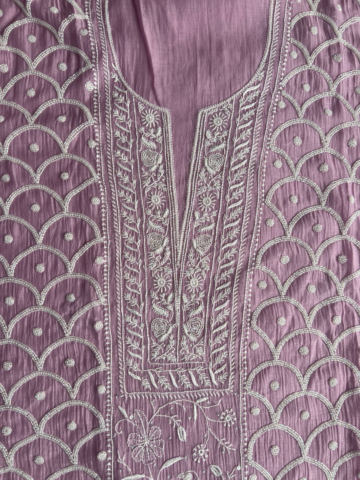 Mul chanderi Semi stitched Kurta dupatta with Cutdana and pearl