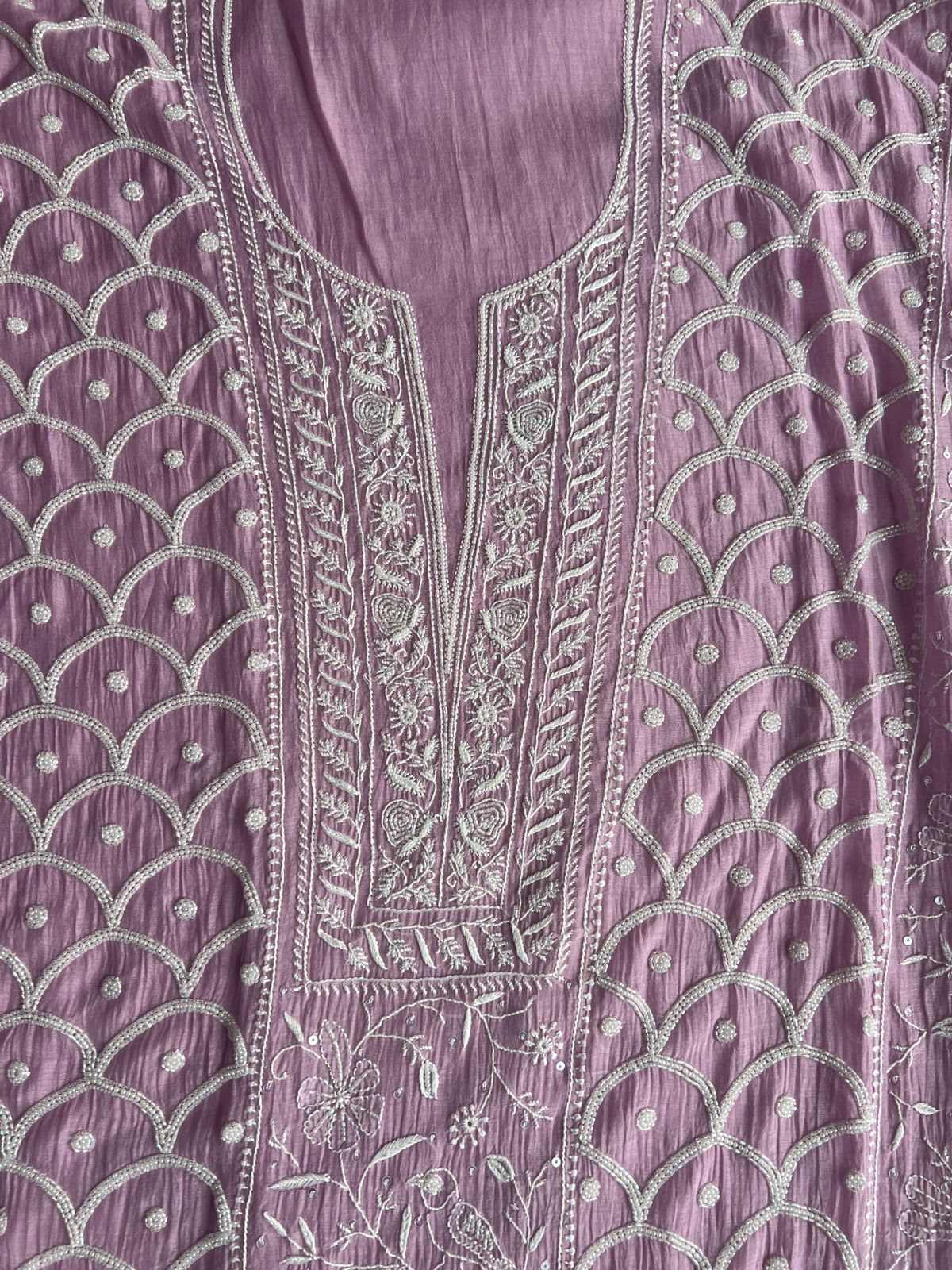 Mul chanderi Semi stitched Kurta dupatta with Cutdana and pearl