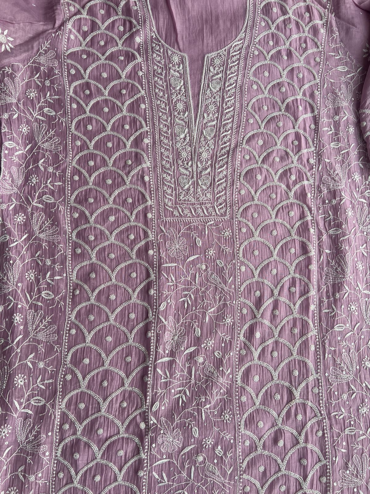 Mul chanderi Semi stitched Kurta dupatta with Cutdana and pearl