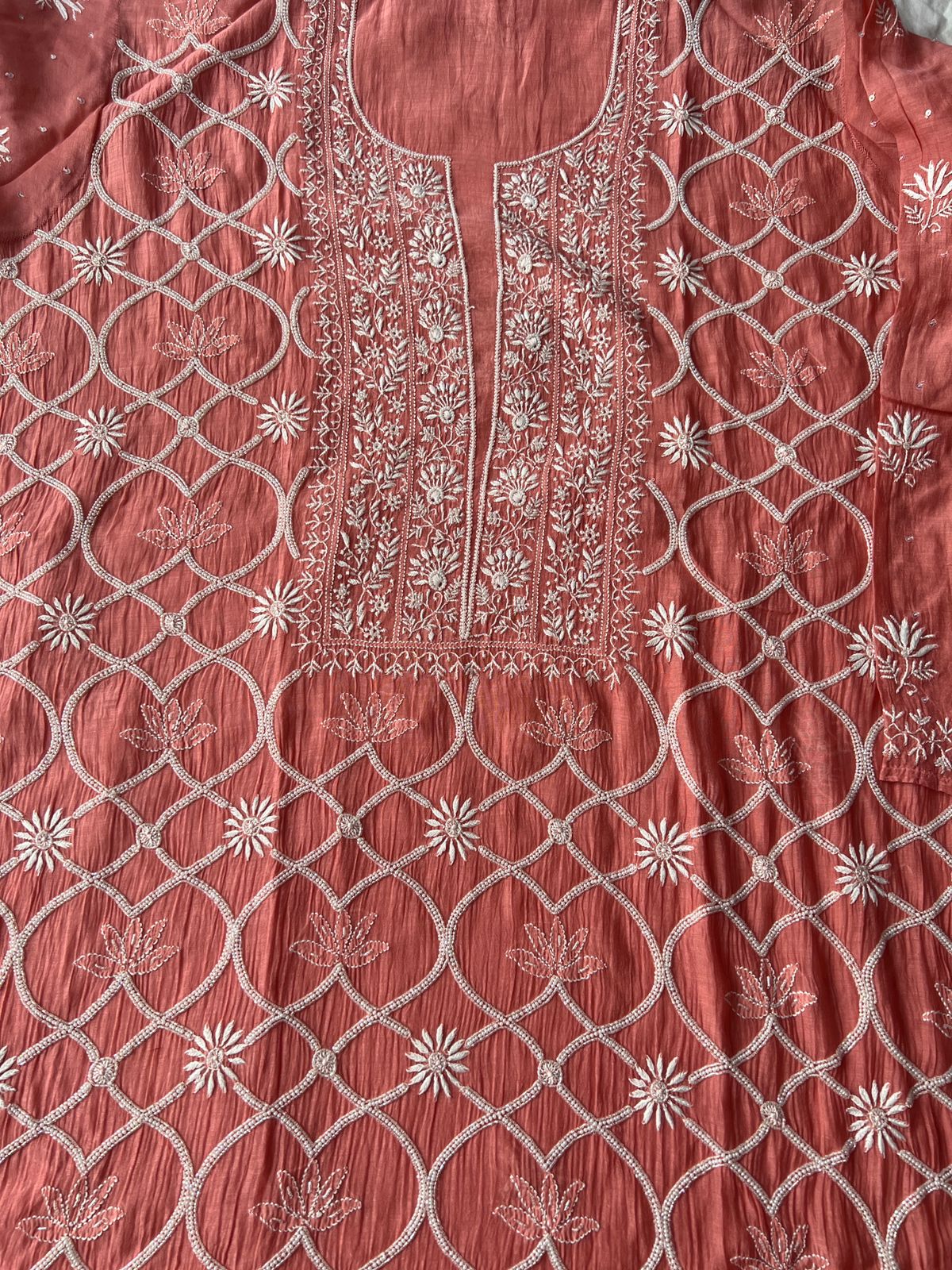 Mul Chanderi Semi stitched Kurta dupatta with Heavy embellishments