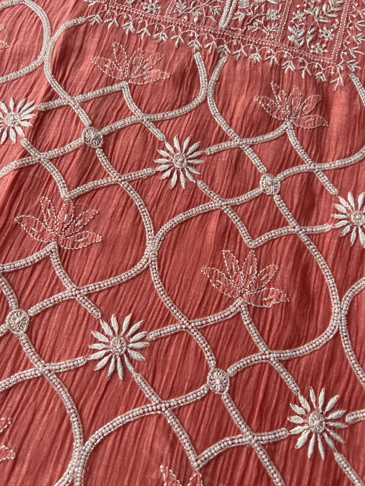 Mul Chanderi Semi stitched Kurta dupatta with Heavy embellishments