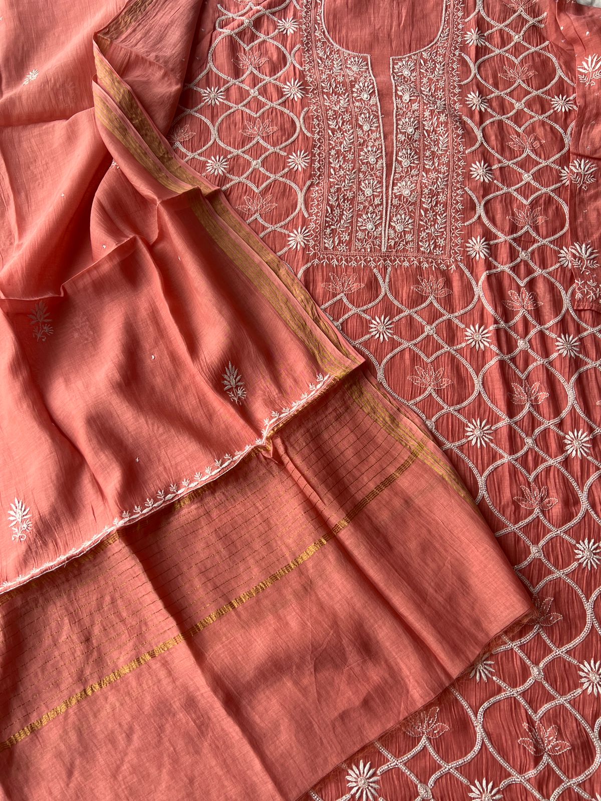Mul Chanderi Semi stitched Kurta dupatta with Heavy embellishments