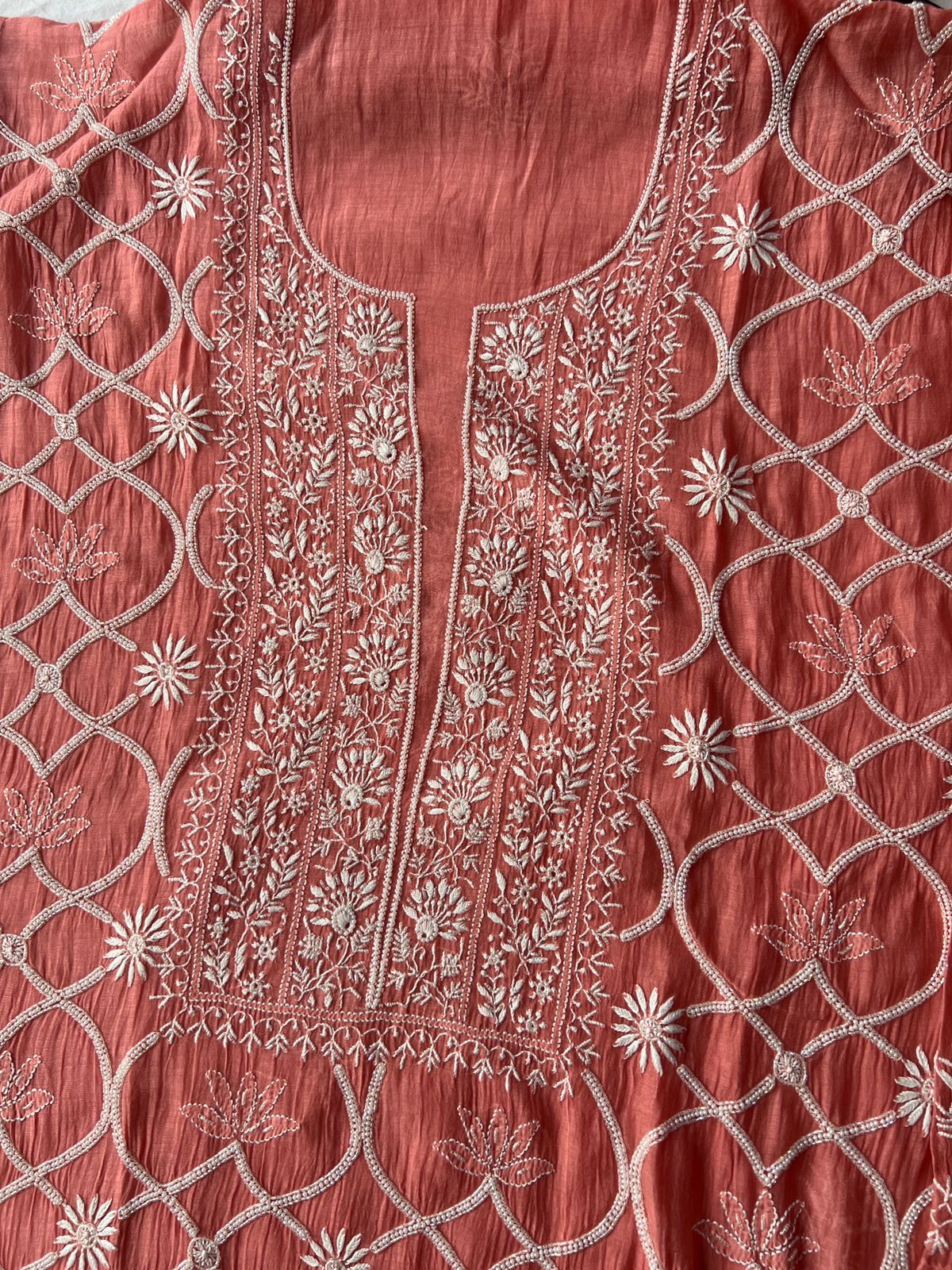 Mul Chanderi Semi stitched Kurta dupatta with Heavy embellishments