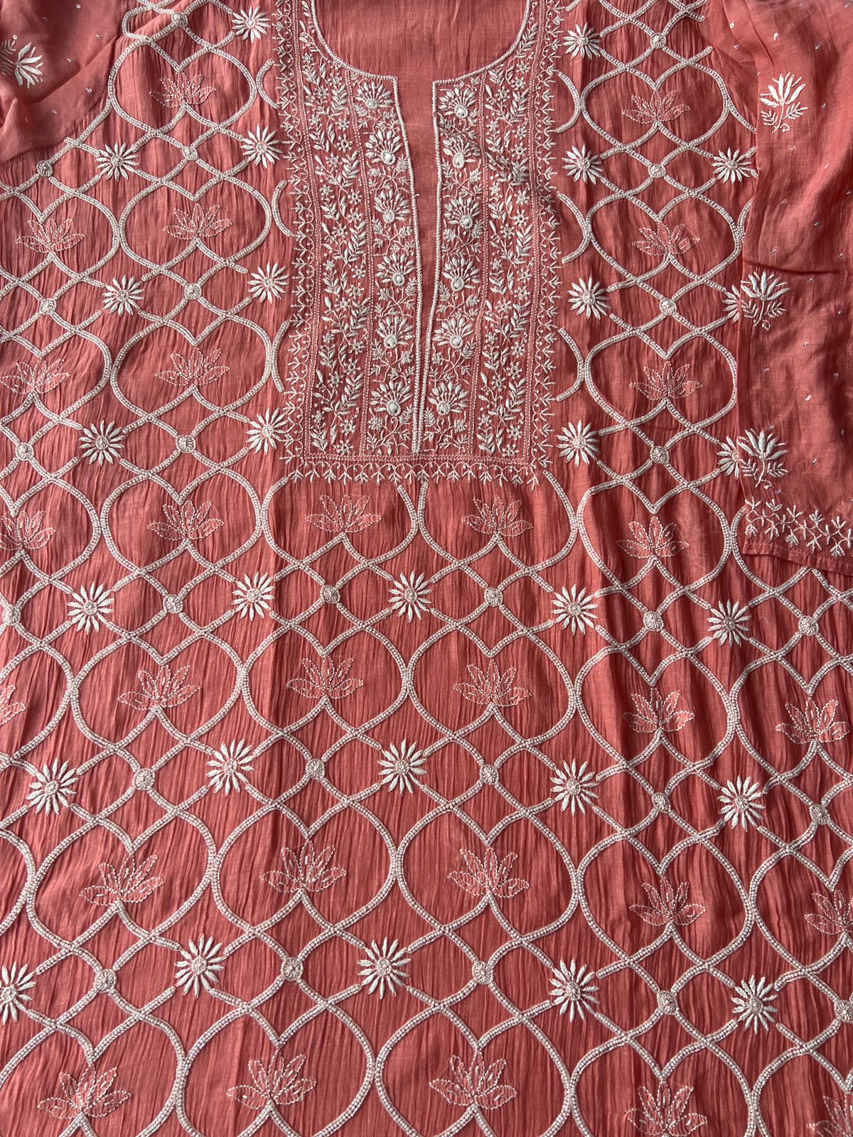Mul Chanderi Semi stitched Kurta dupatta with Heavy embellishments