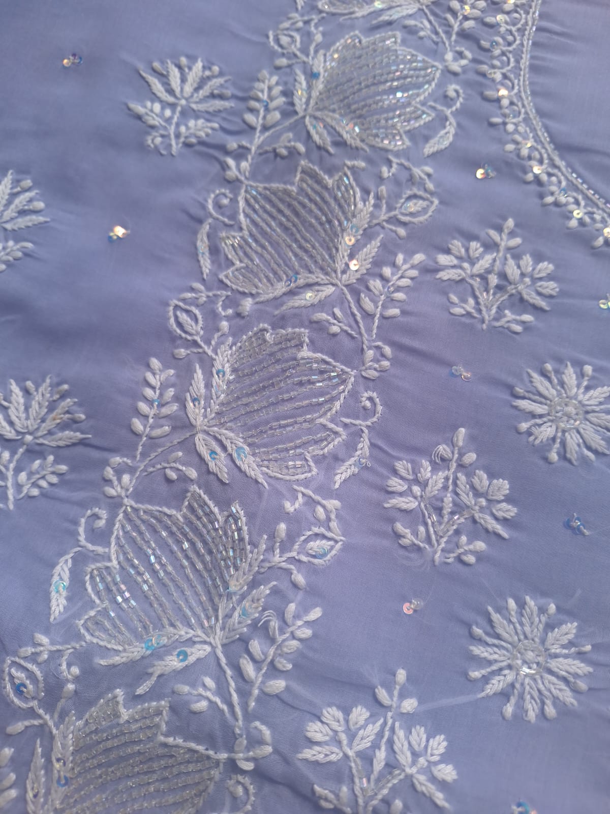 Lavender cotton kurta and dupatta with chikan embroidery and embellishments