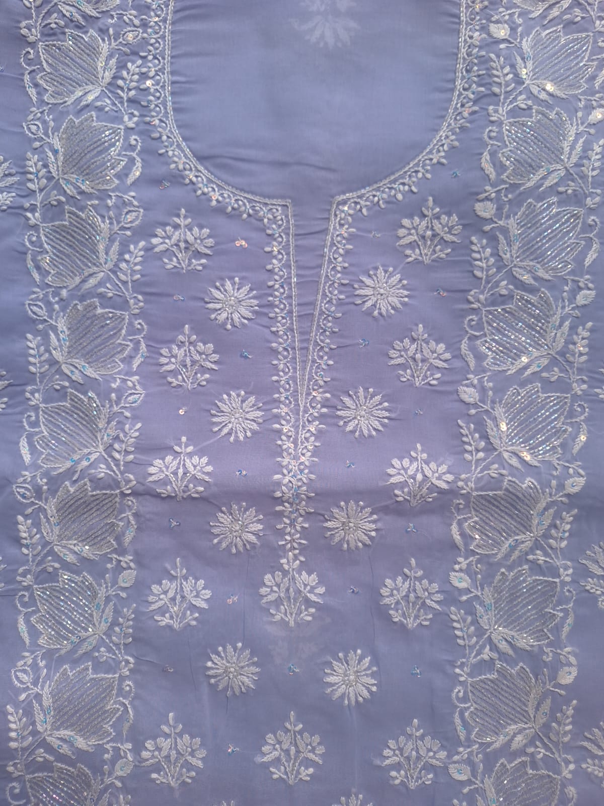Lavender cotton kurta and dupatta with chikan embroidery and embellishments