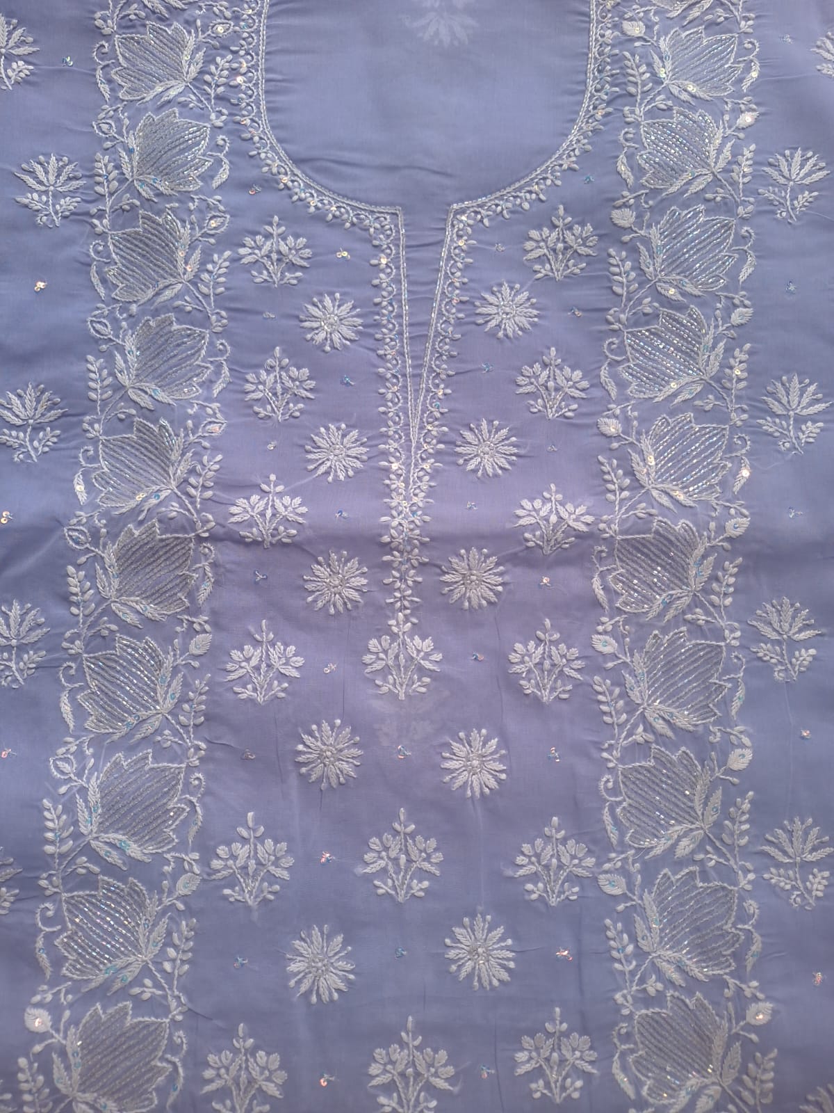 Lavender cotton kurta and dupatta with chikan embroidery and embellishments