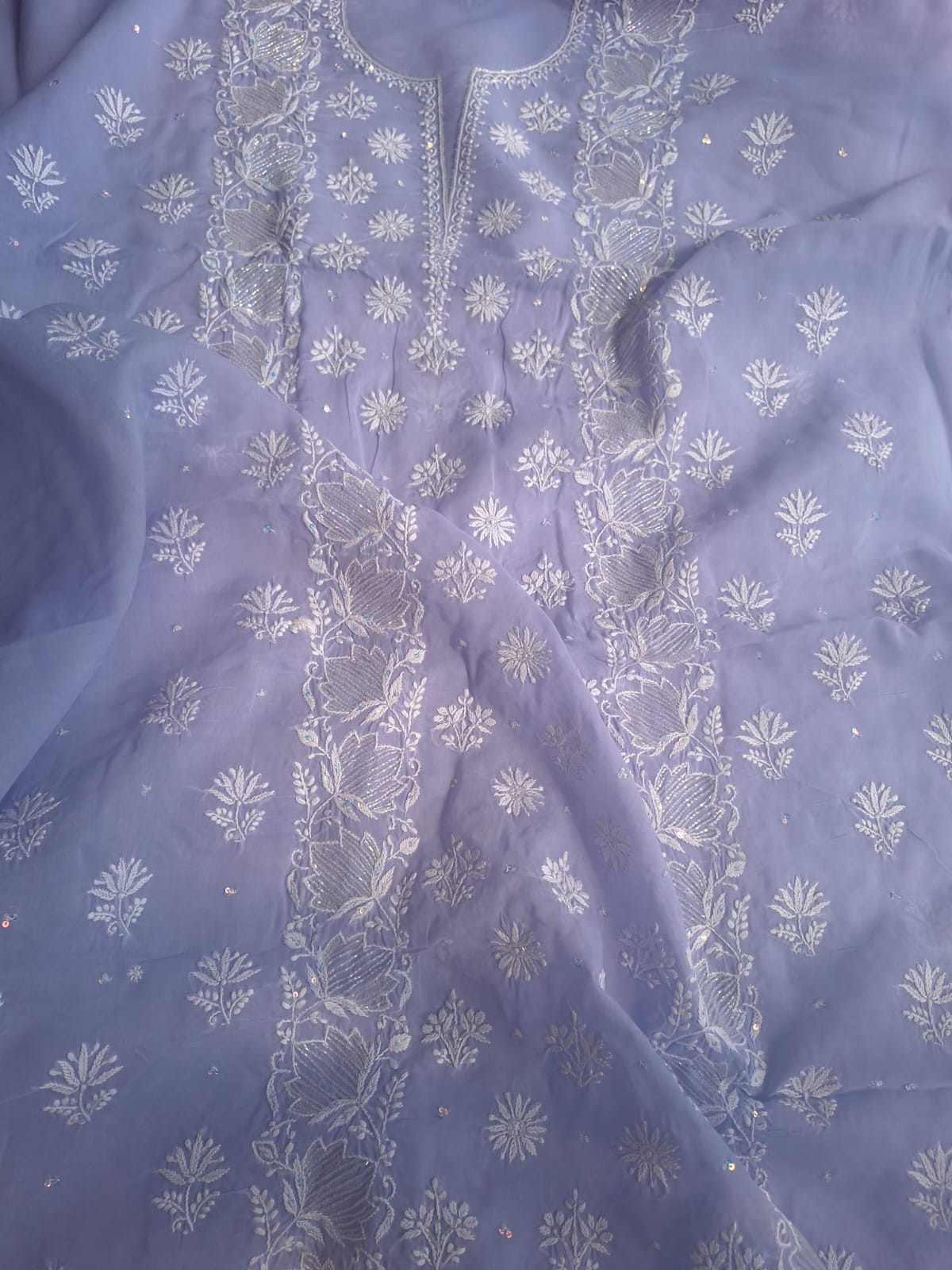 Lavender cotton kurta and dupatta with chikan embroidery and embellishments