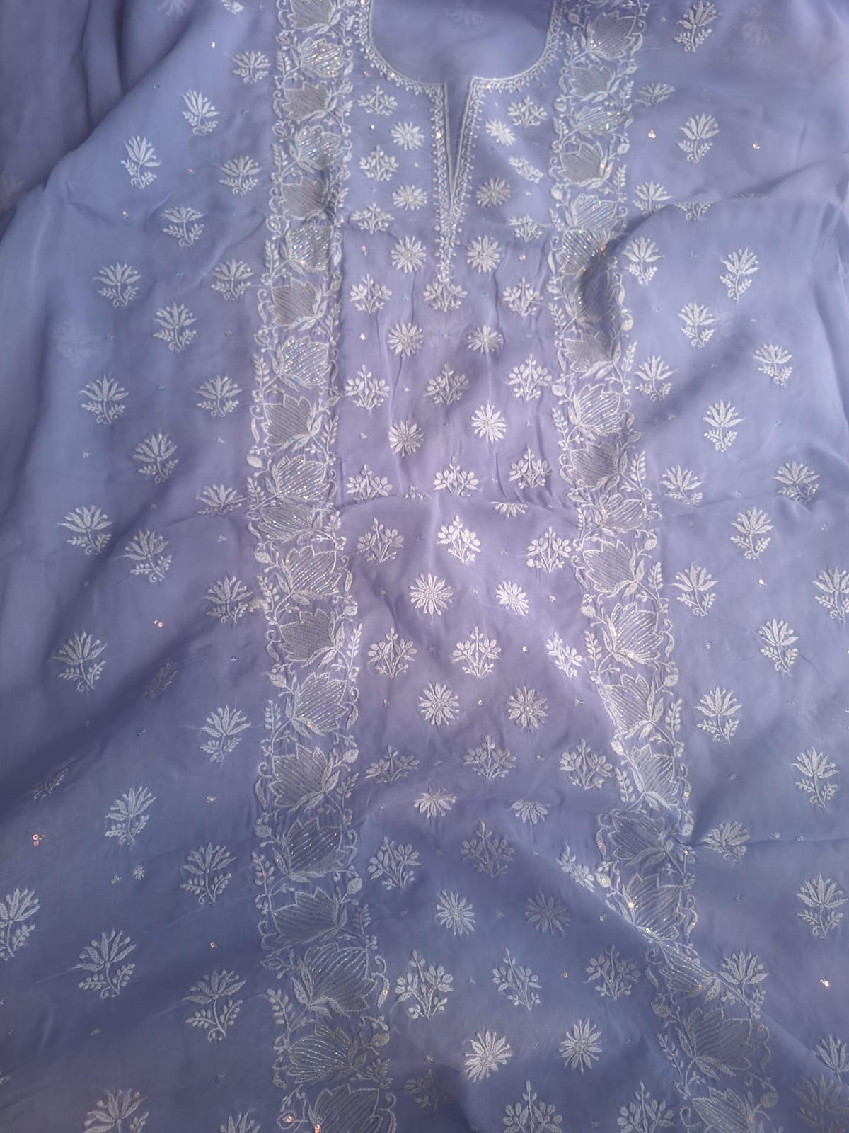 Lavender cotton kurta and dupatta with chikan embroidery and embellishments