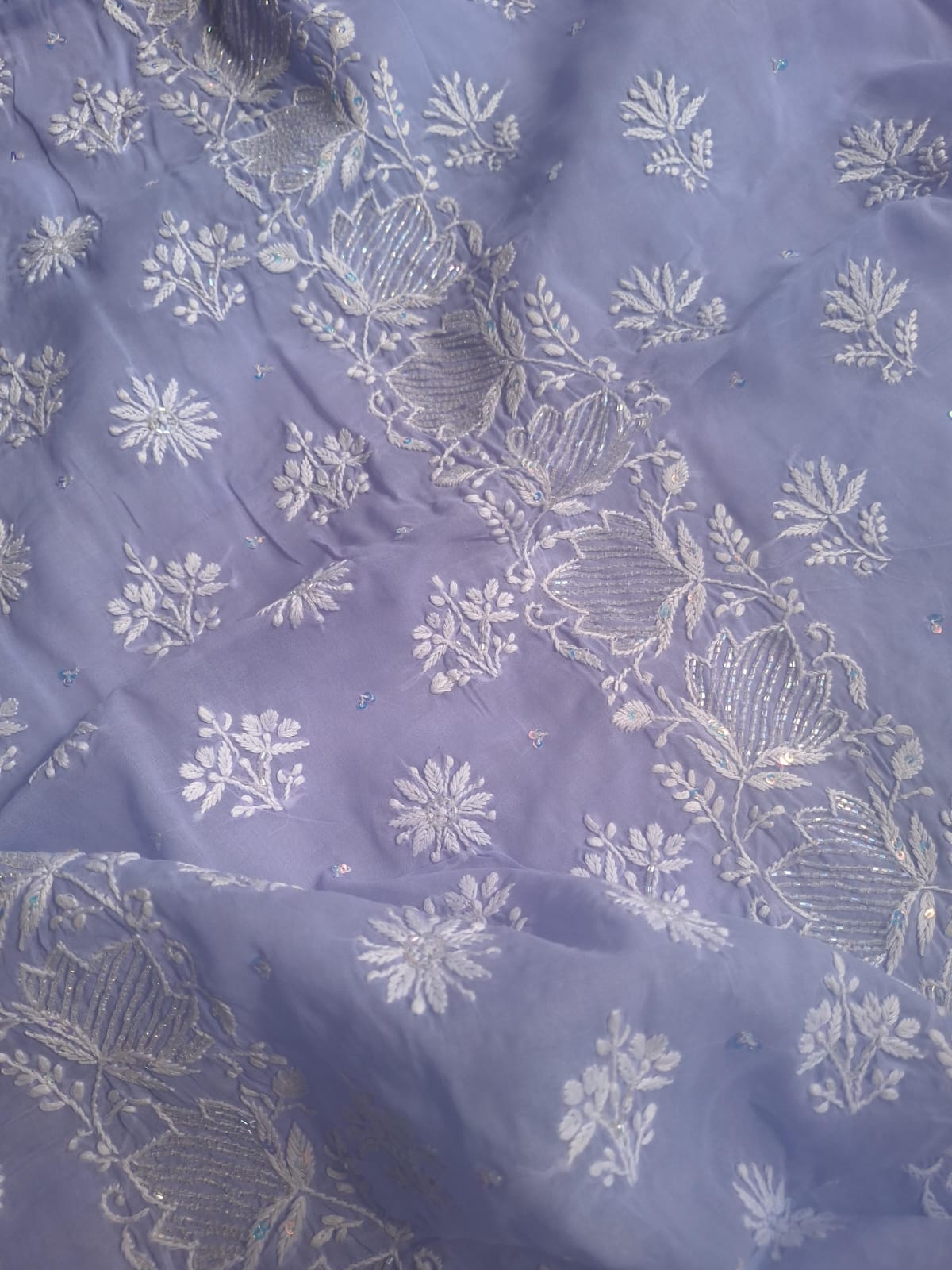 Lavender cotton kurta and dupatta with chikan embroidery and embellishments