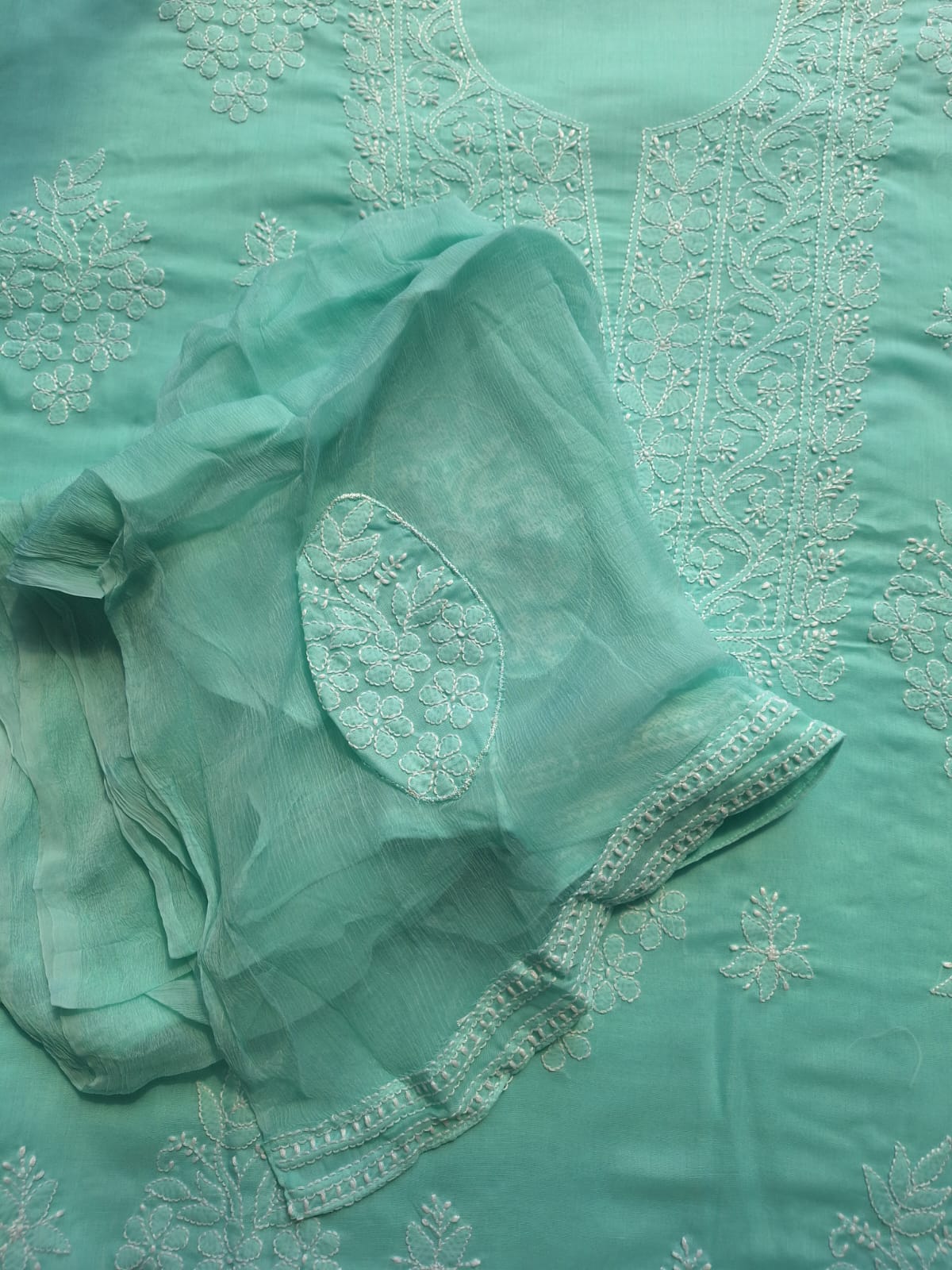 Sea Green Cotton Suit with Fine Handwork
