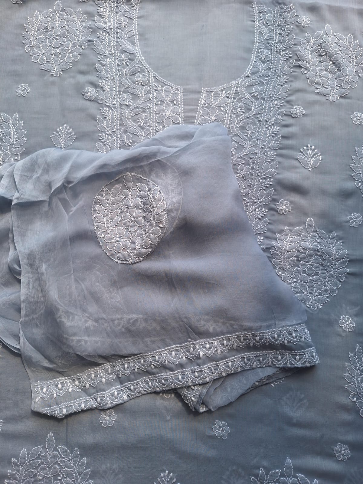 Grey Cotton Suit with Fine Handwork chikankari