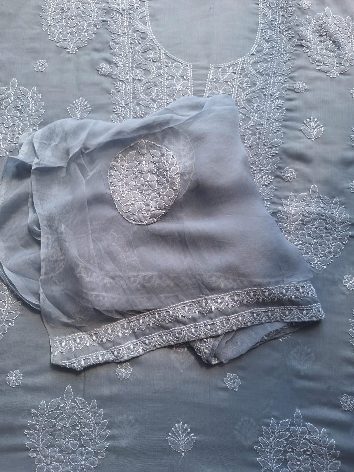 Grey Cotton Suit with Fine Handwork chikankari