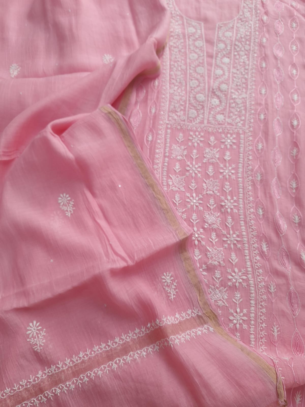 Baby Pink Mul chanderi Semistitched Kurta and dupatta set with add on