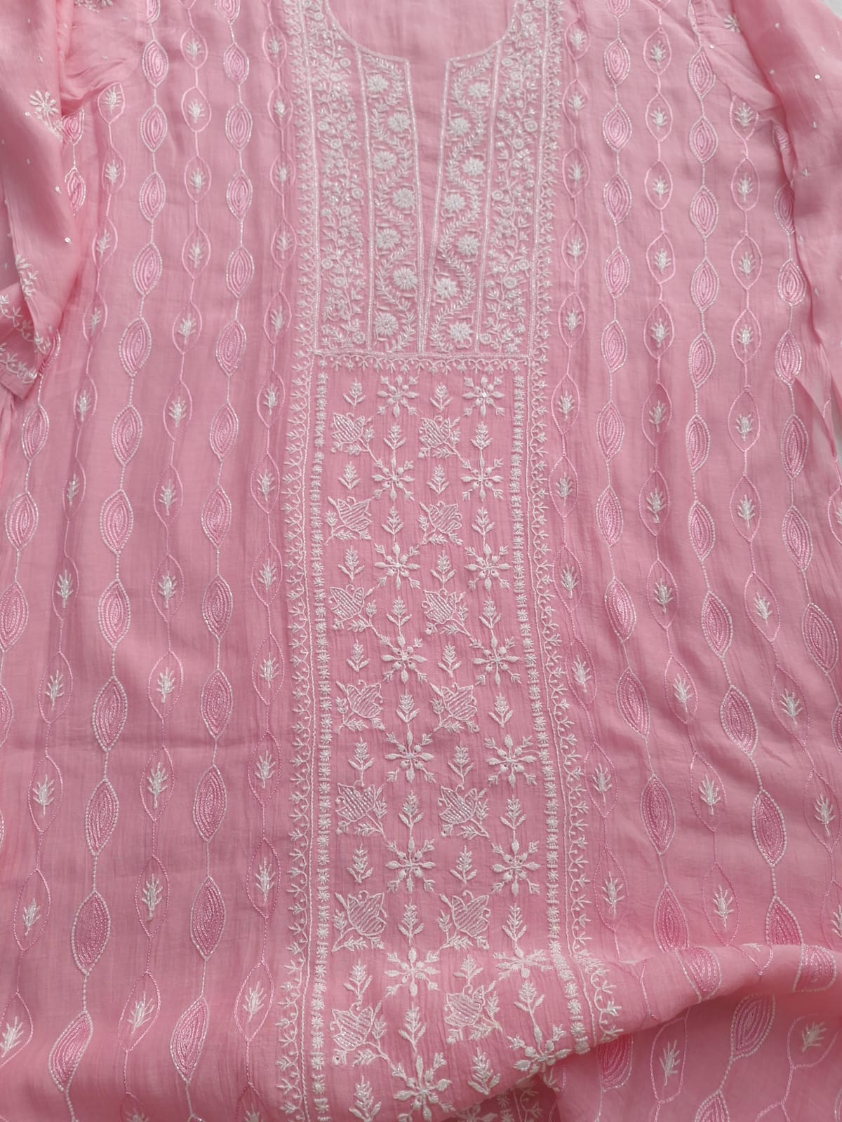 Baby Pink Mul chanderi Semistitched Kurta and dupatta set with add on
