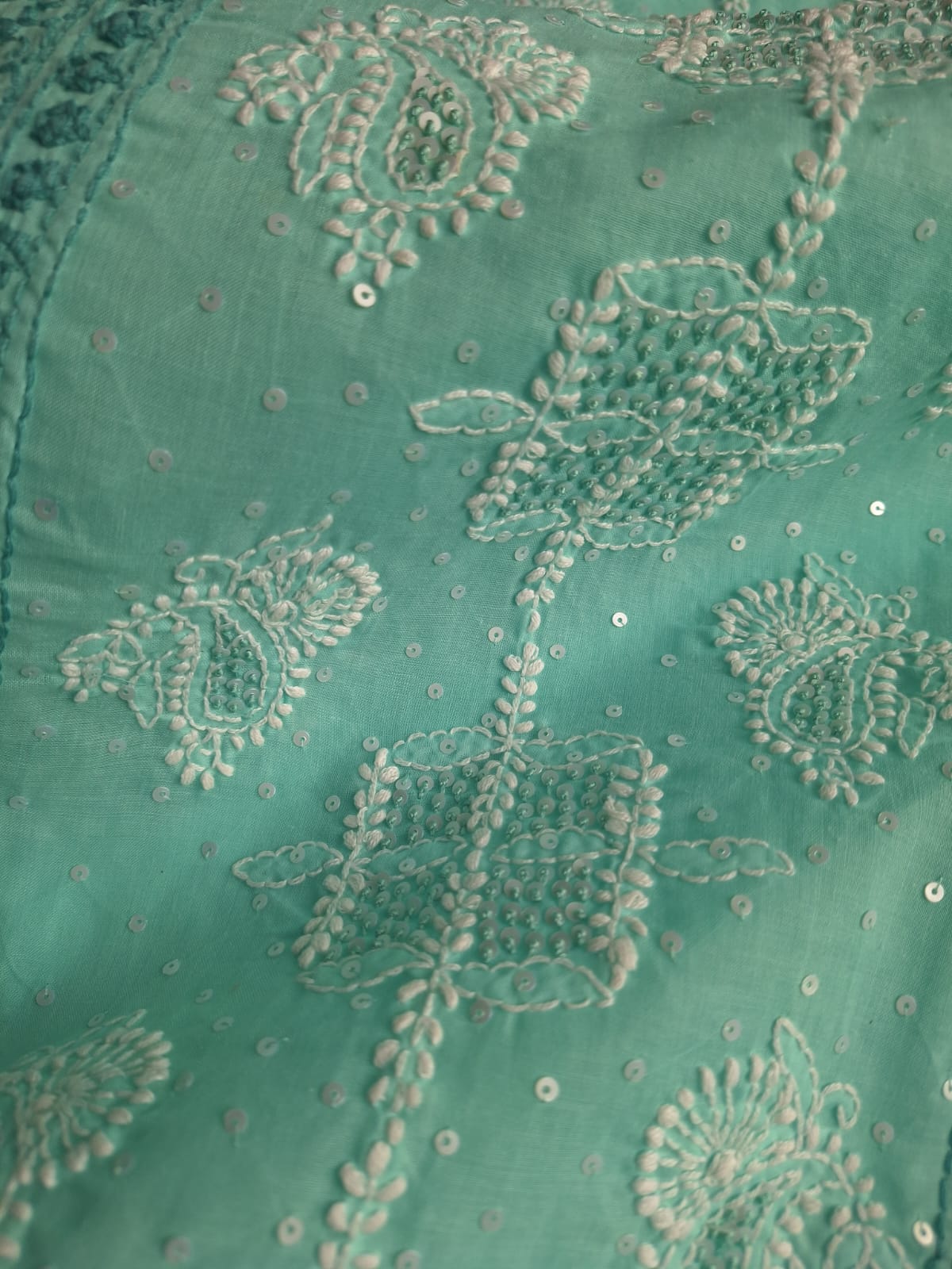 Sea Green Cotton Hand embroidered full suit
