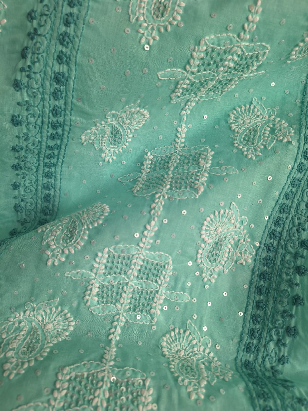 Sea Green Cotton Hand embroidered full suit