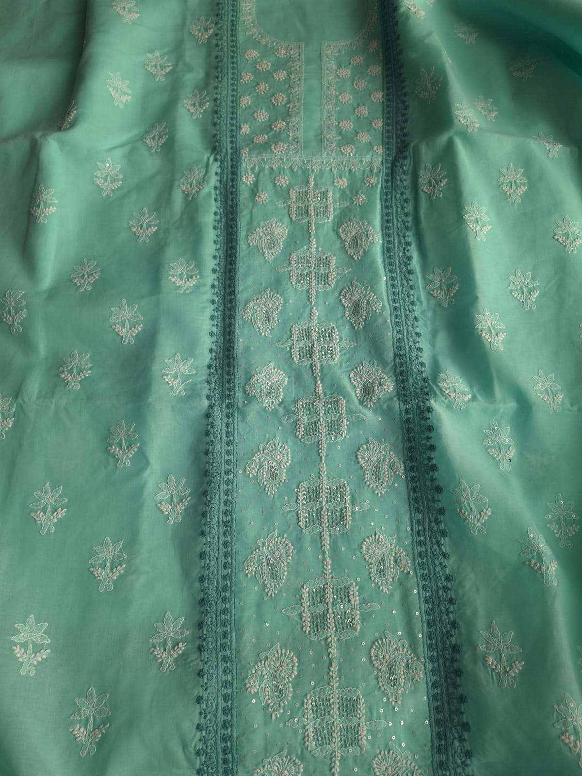 Sea Green Cotton Hand embroidered full suit