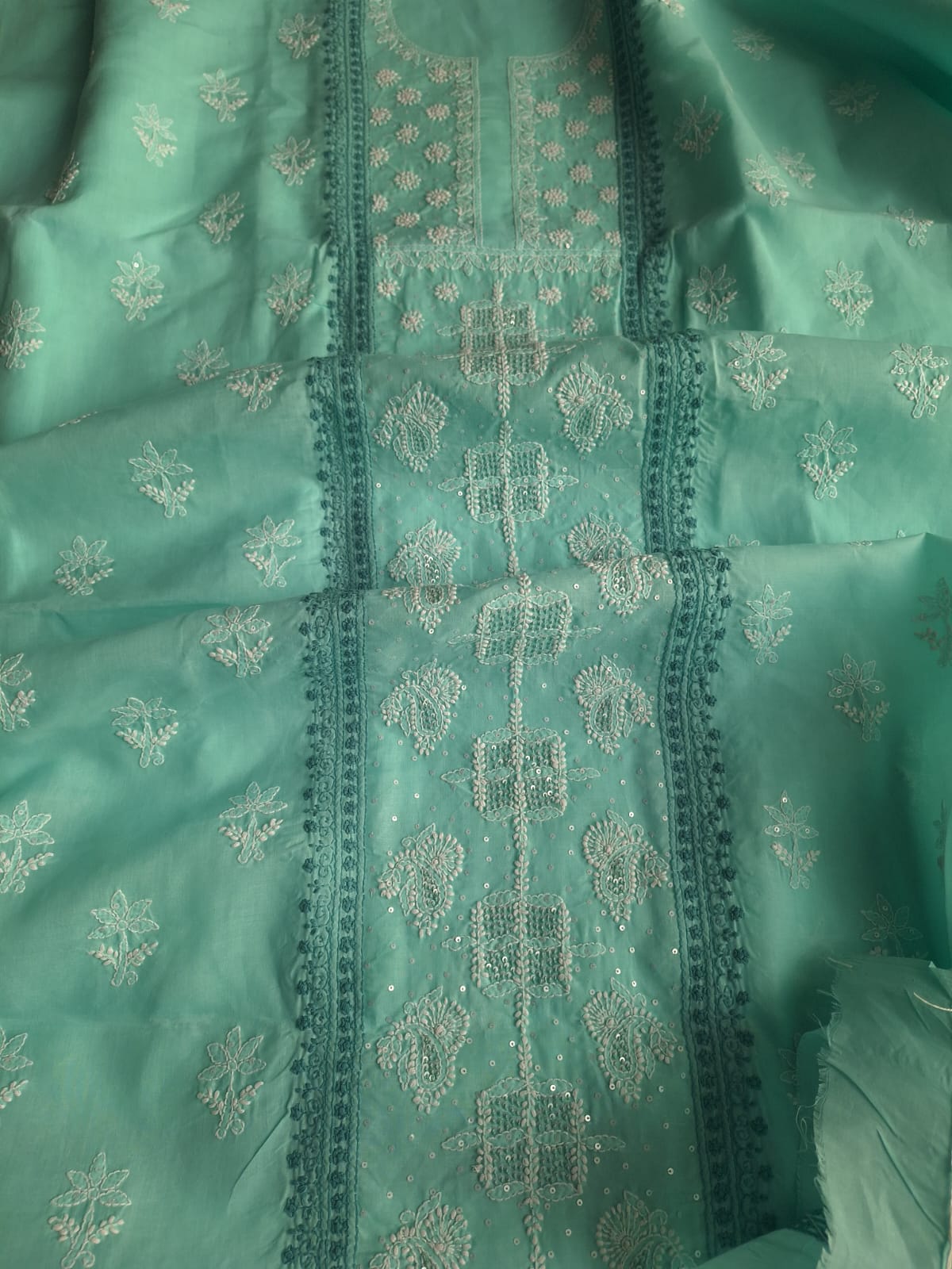 Sea Green Cotton Hand embroidered full suit