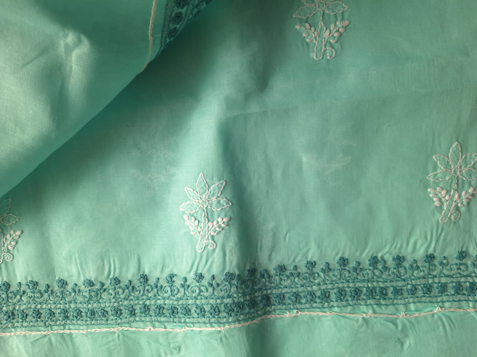 Sea Green Cotton Hand embroidered full suit