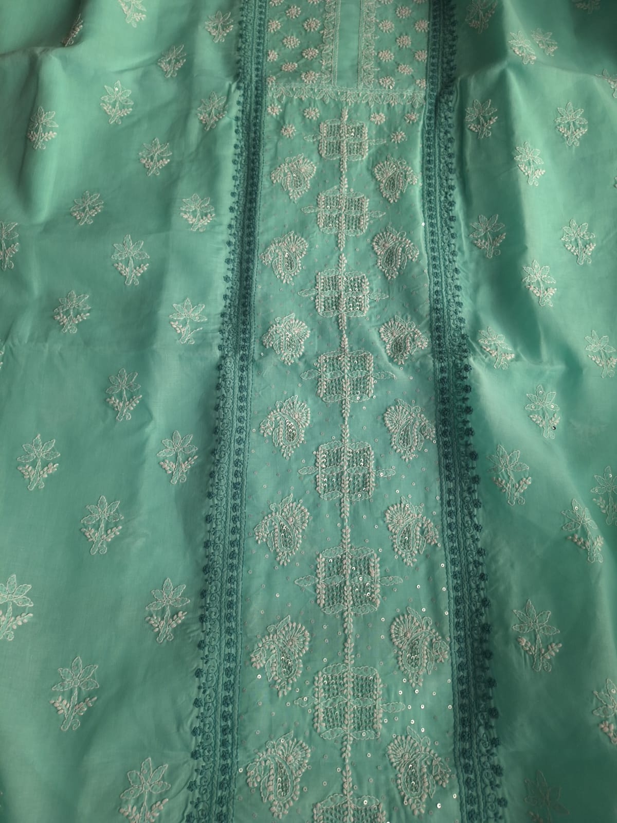 Sea Green Cotton Hand embroidered full suit