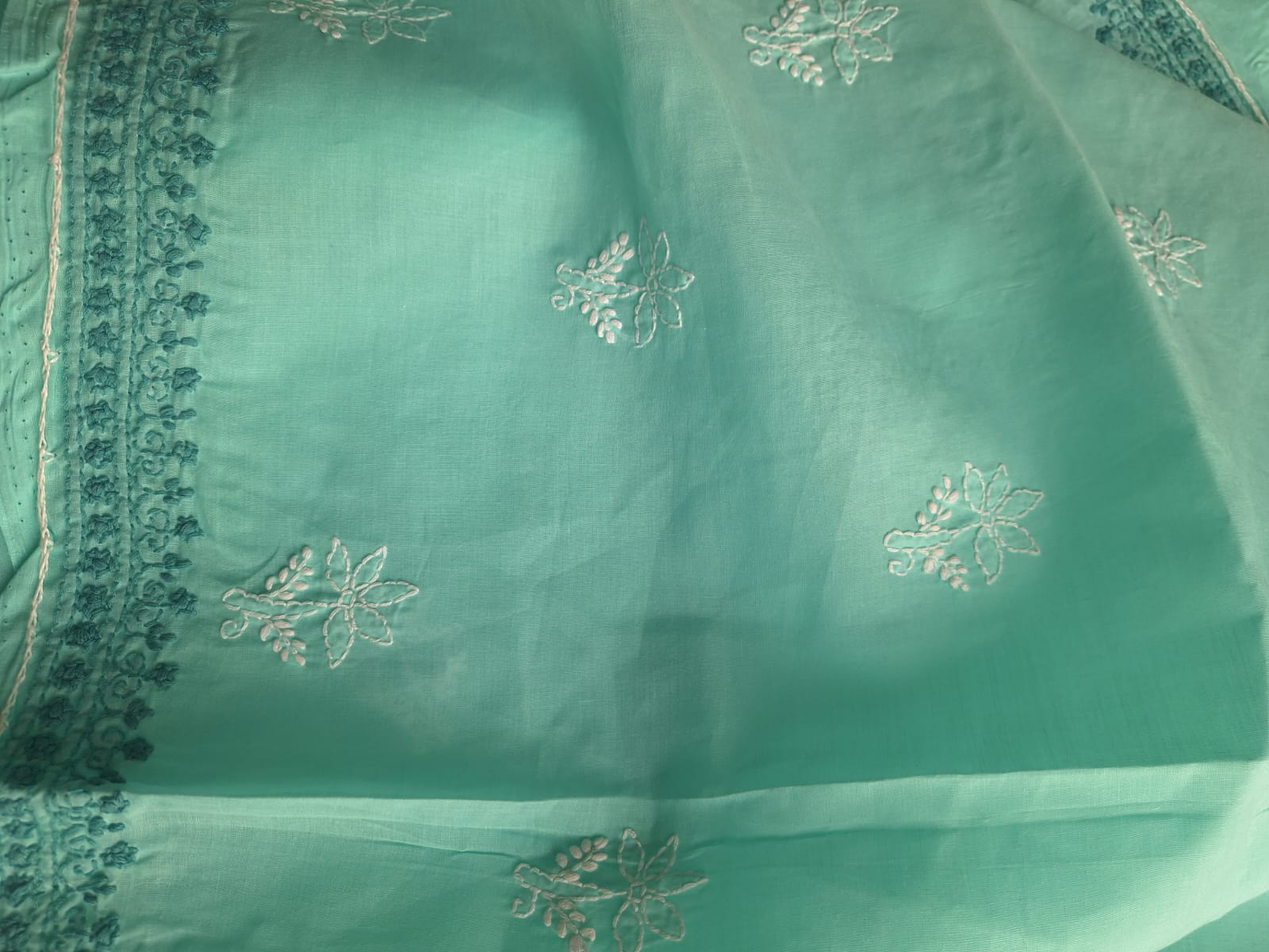 Sea Green Cotton Hand embroidered full suit