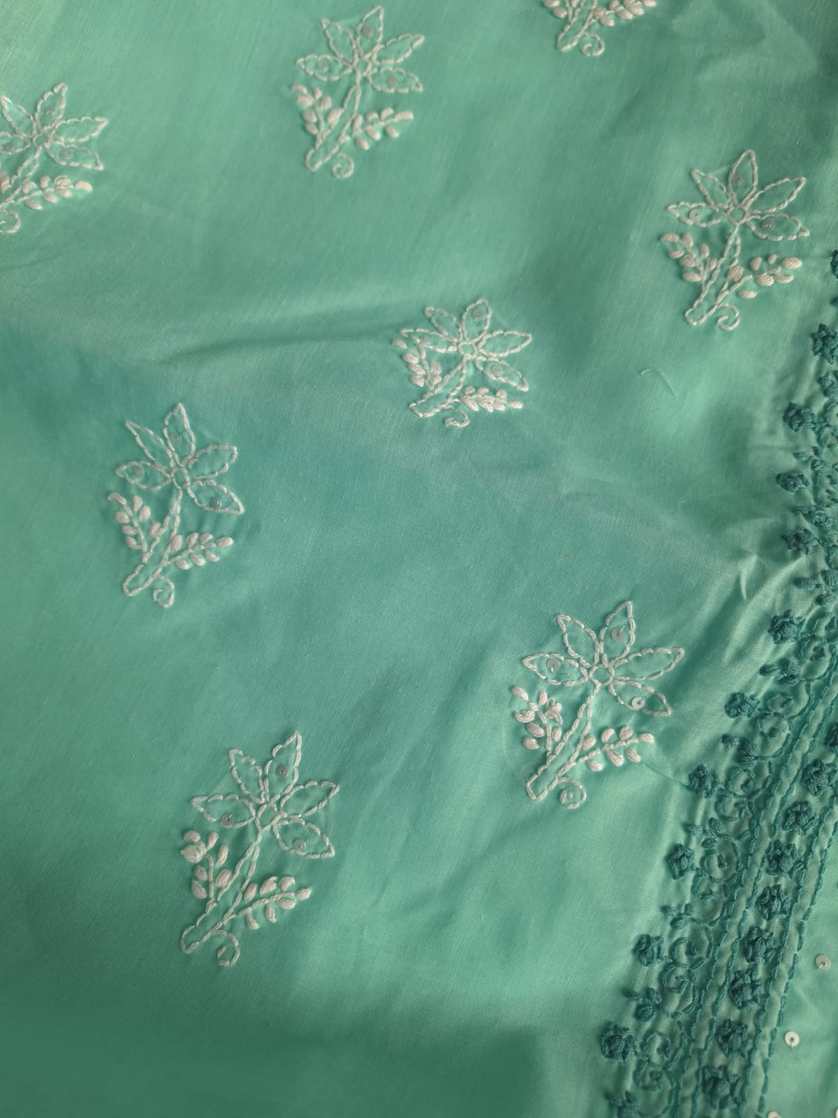 Sea Green Cotton Hand embroidered full suit