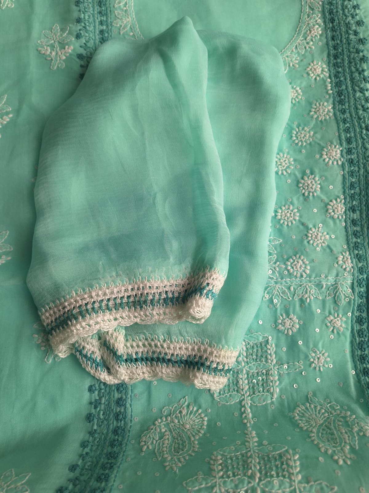 Sea Green Cotton Hand embroidered full suit