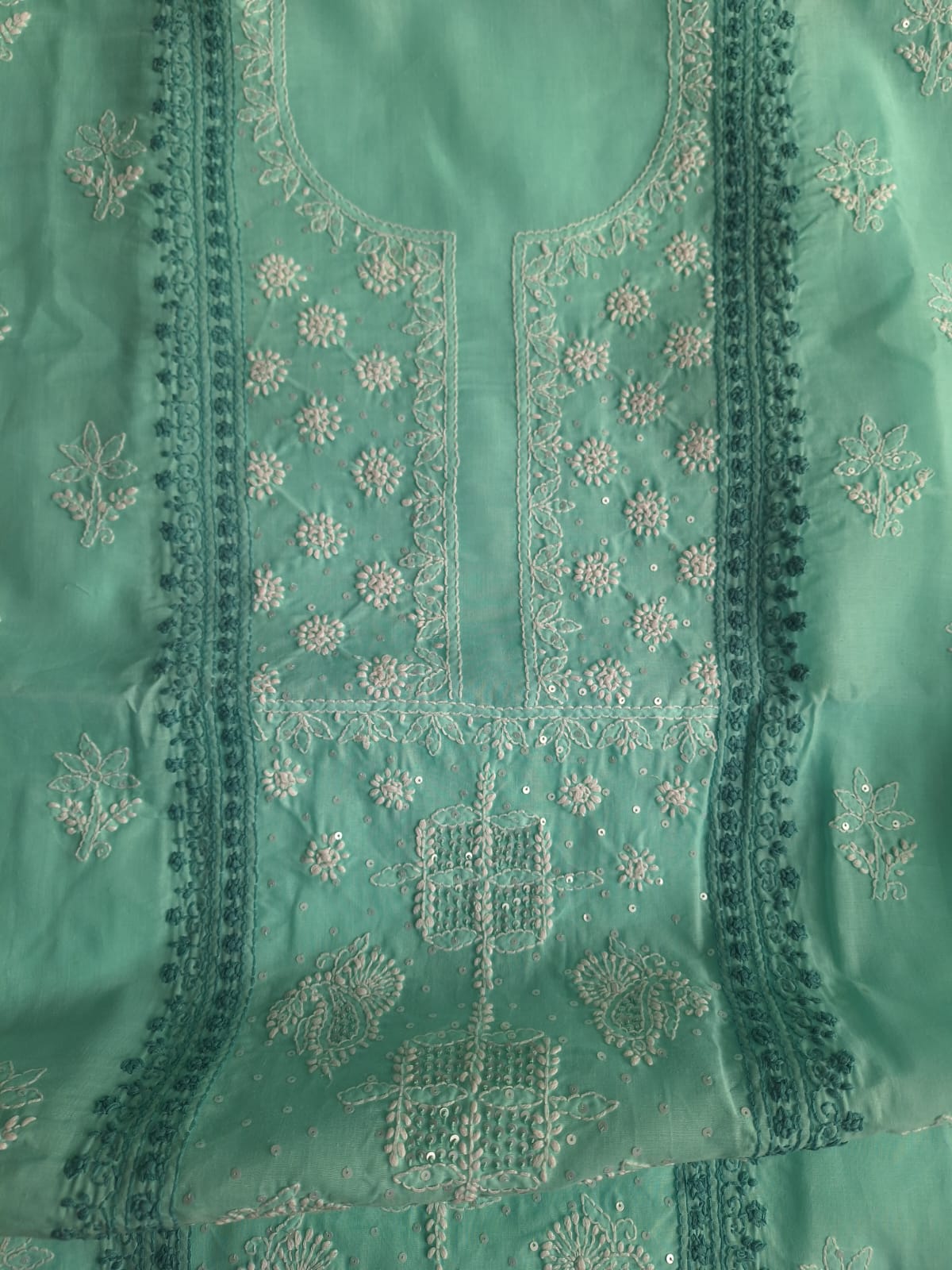 Sea Green Cotton Hand embroidered full suit