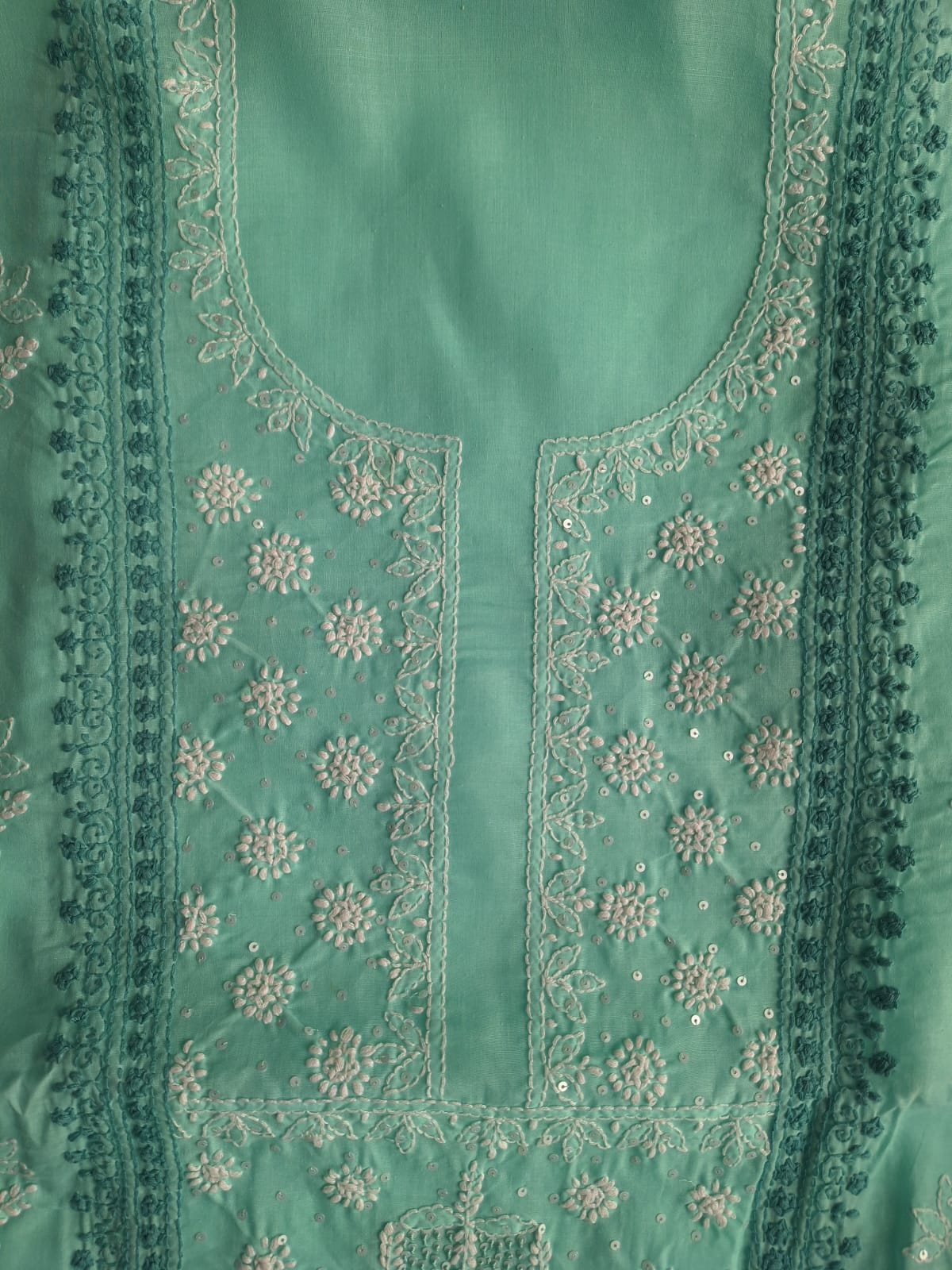 Sea Green Cotton Hand embroidered full suit
