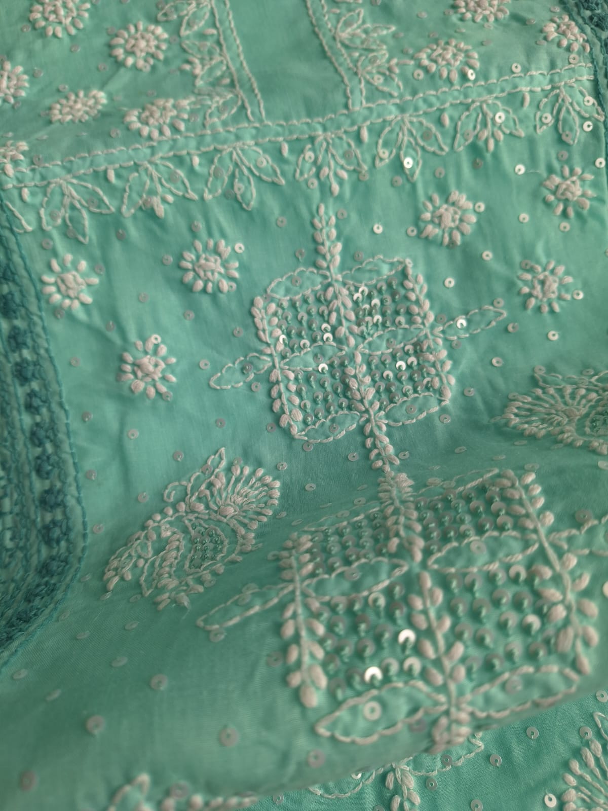 Sea Green Cotton Hand embroidered full suit