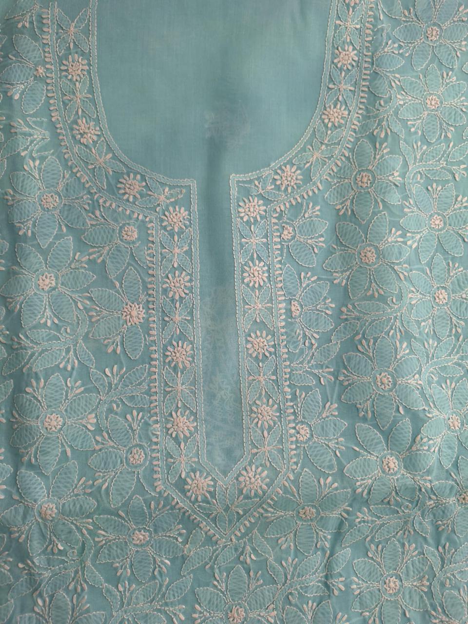 Sky Blue Cotton Floral jaalwork Handmade Kurta Fabric