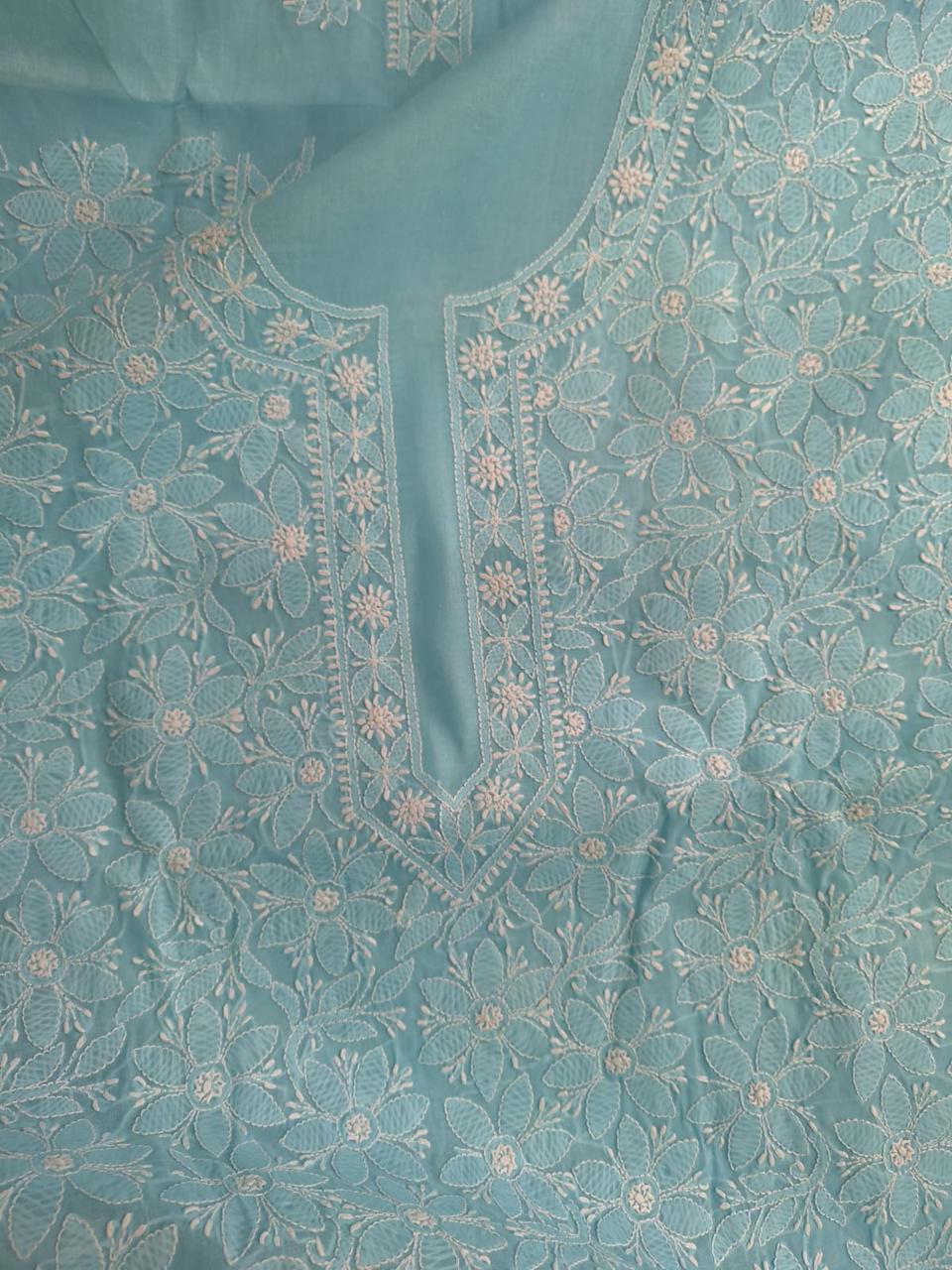 Sky Blue Cotton Floral jaalwork Handmade Kurta Fabric