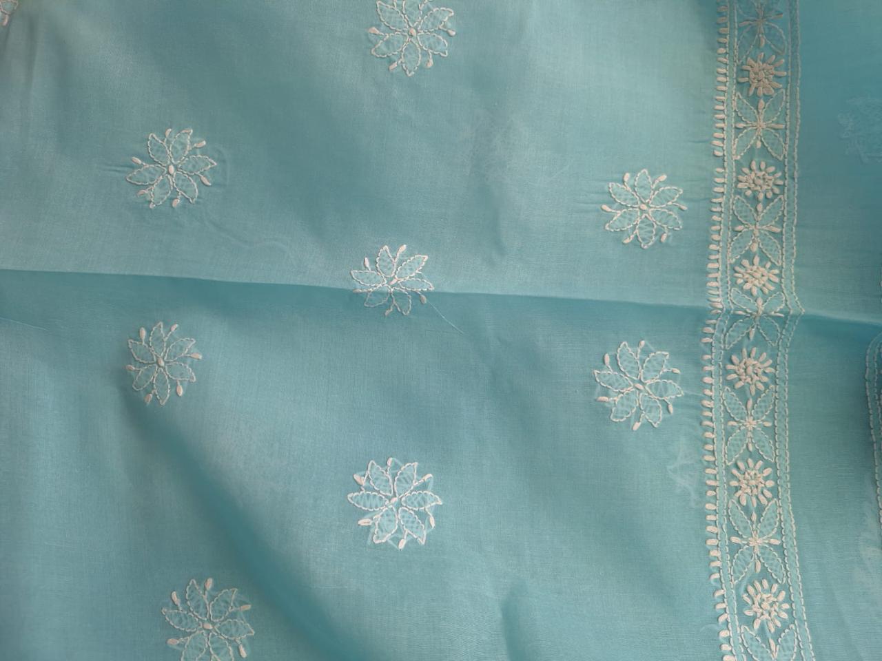 Sky Blue Cotton Floral jaalwork Handmade Kurta Fabric
