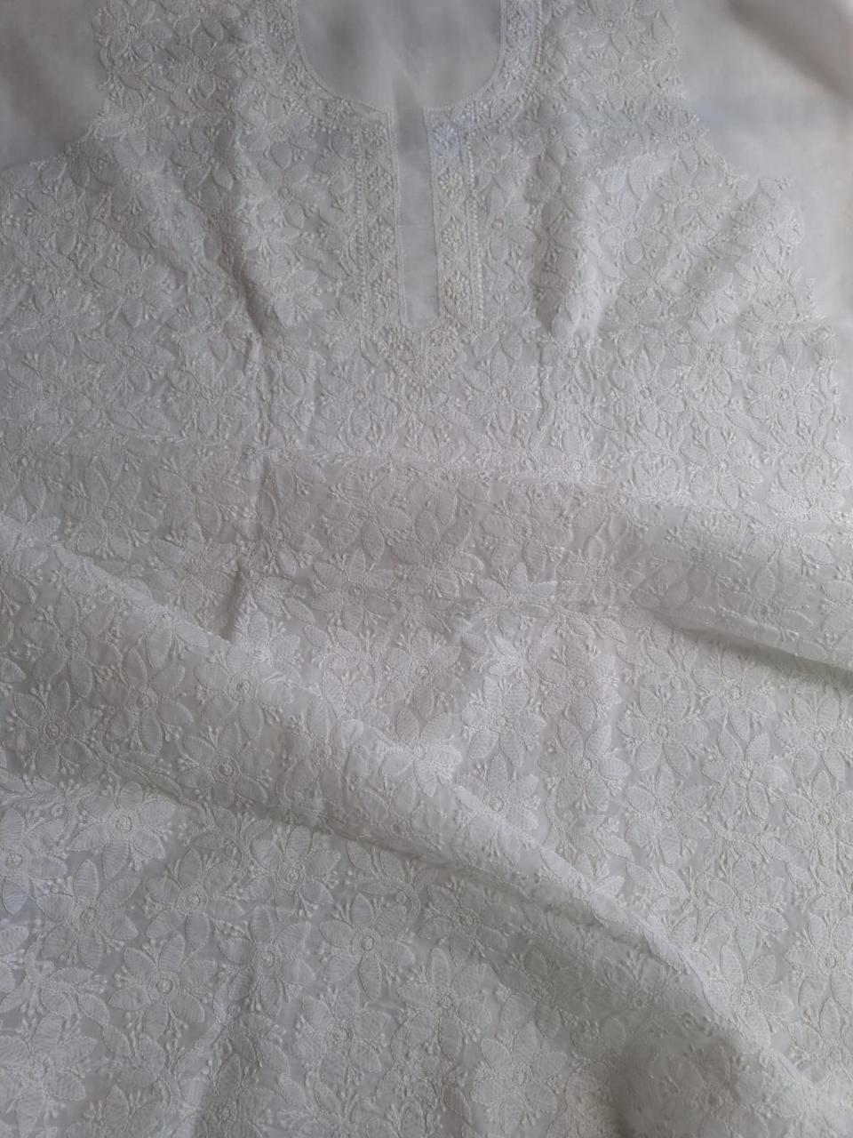 White cotton Floral jaalwork hand made kurta fabric