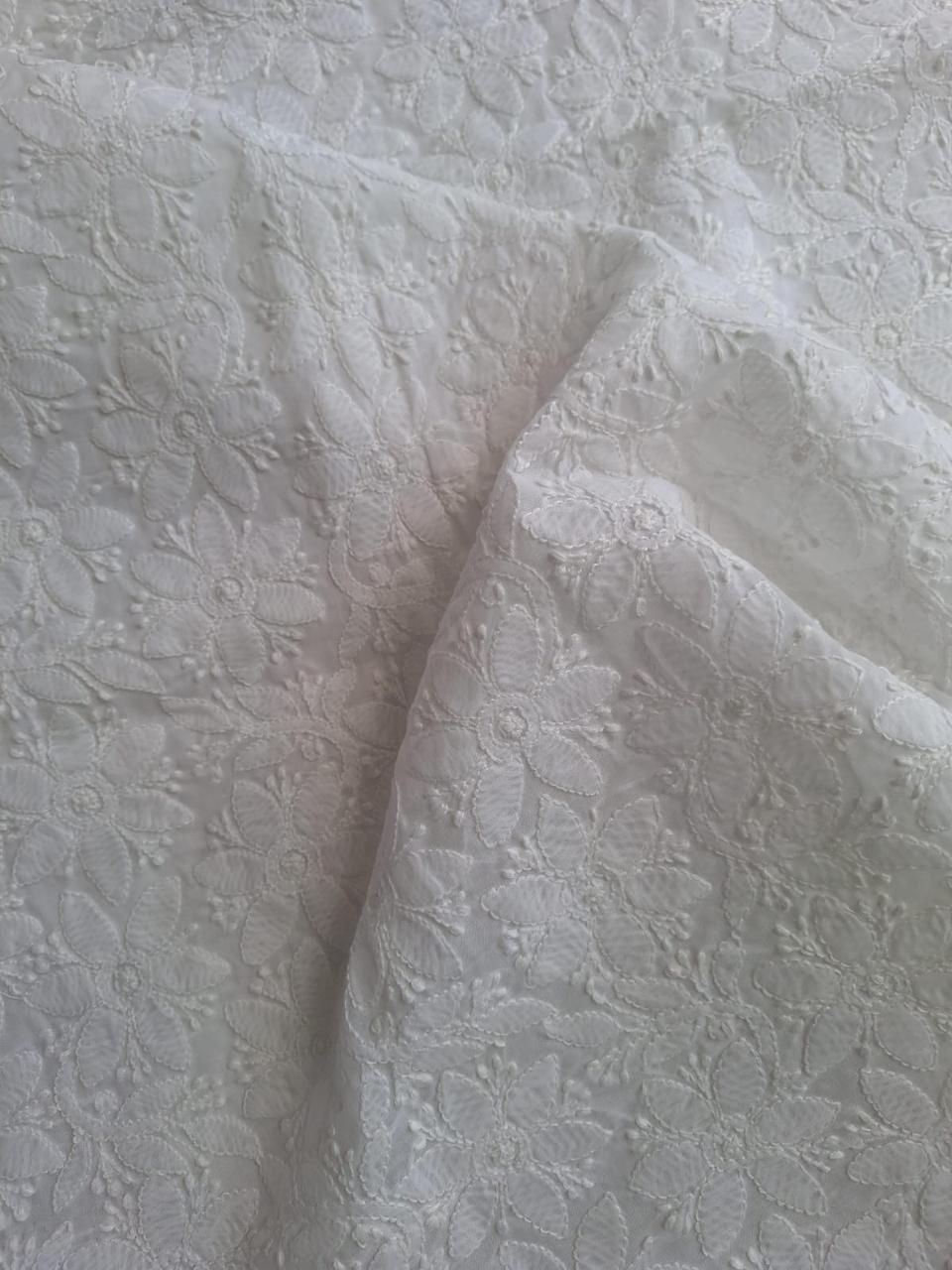 White cotton Floral jaalwork hand made kurta fabric