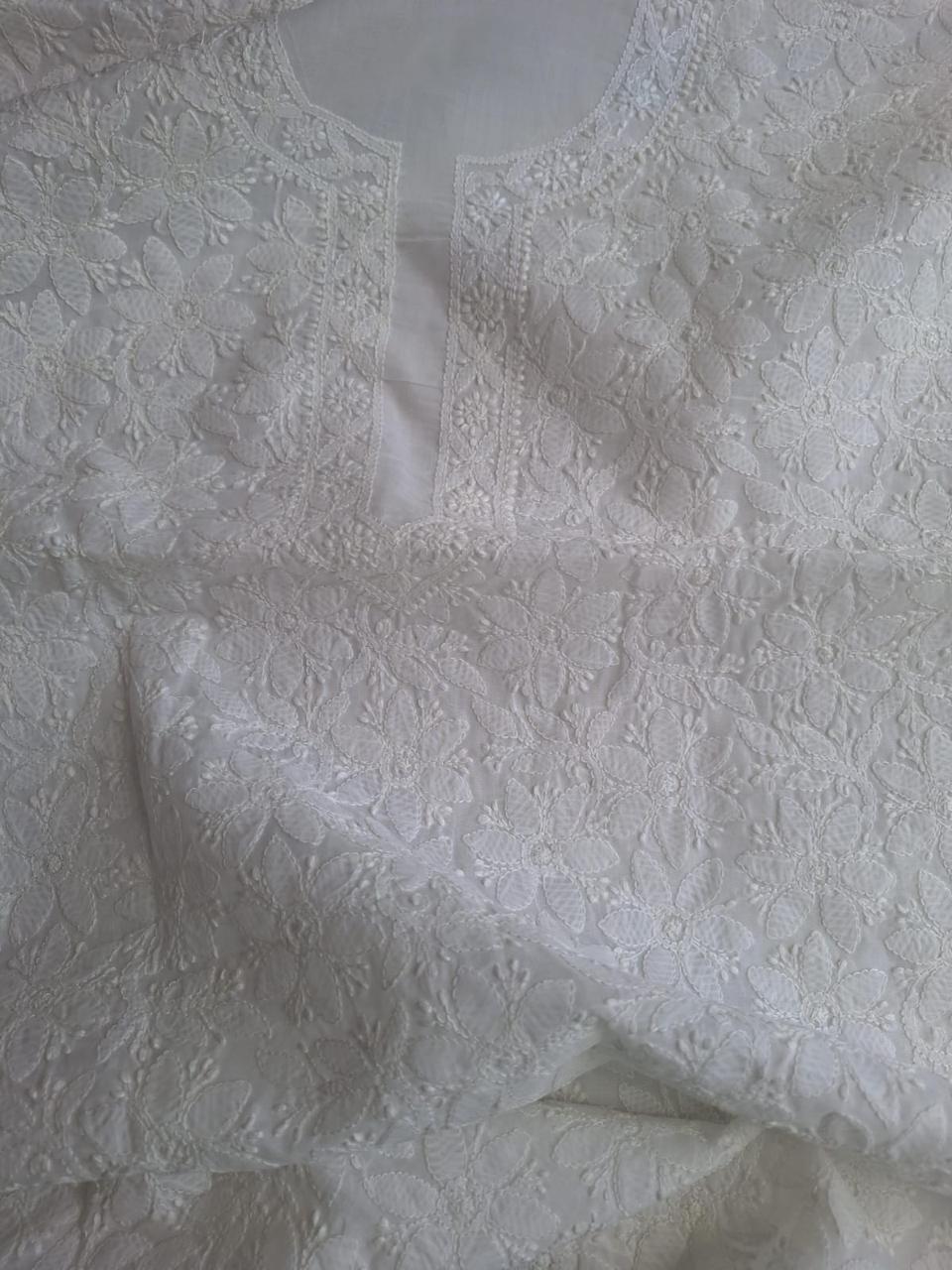 White cotton Floral jaalwork hand made kurta fabric