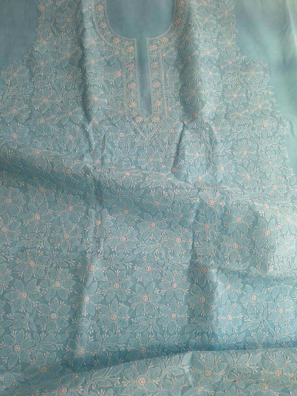 Sky Blue Cotton Floral jaalwork Handmade Kurta Fabric