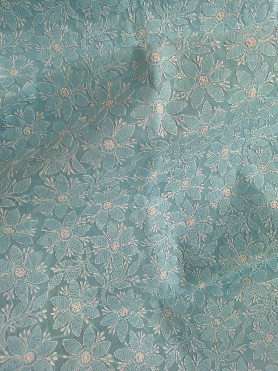 Sky Blue Cotton Floral jaalwork Handmade Kurta Fabric