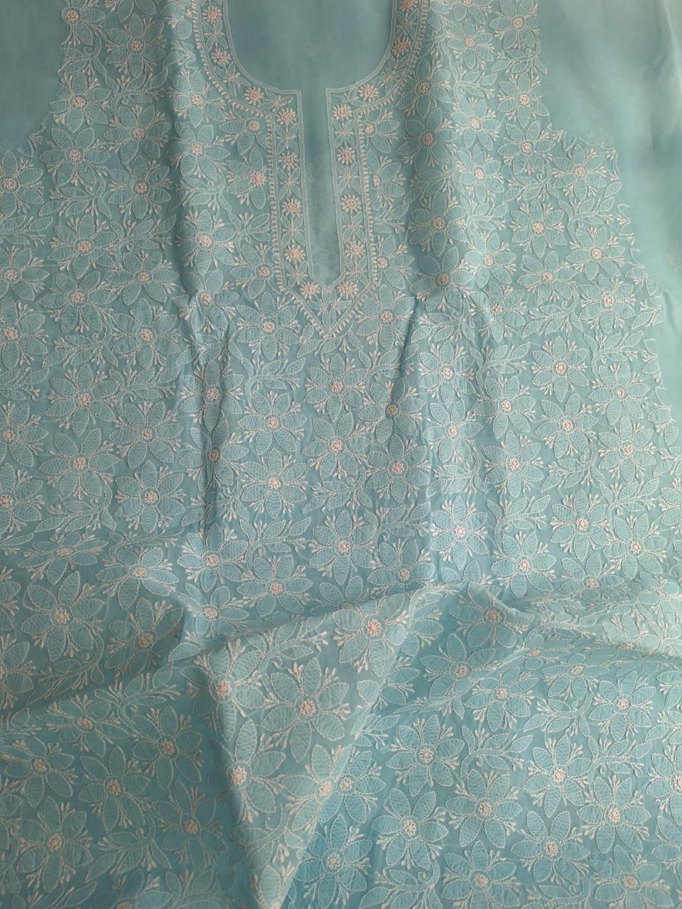 Sky Blue Cotton Floral jaalwork Handmade Kurta Fabric