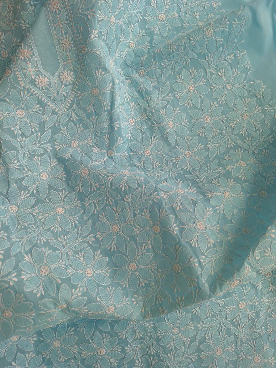 Sky Blue Cotton Floral jaalwork Handmade Kurta Fabric