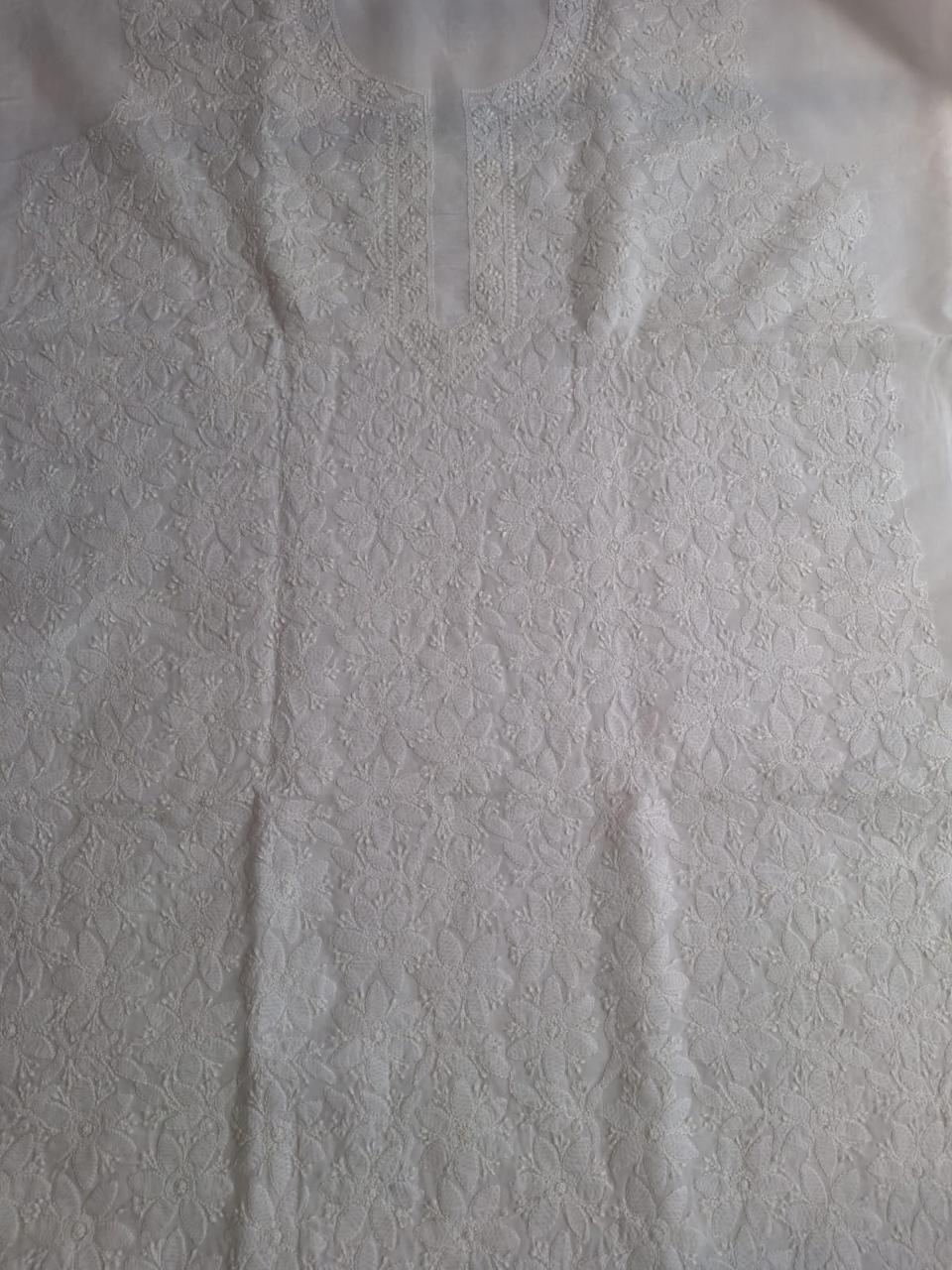 White cotton Floral jaalwork hand made kurta fabric