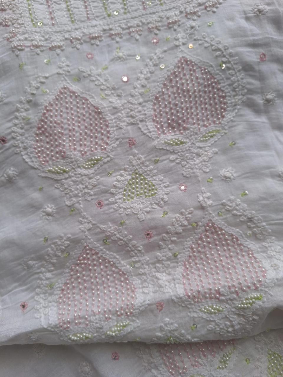 White Mul cotton Kurta with chikankari and pearl work