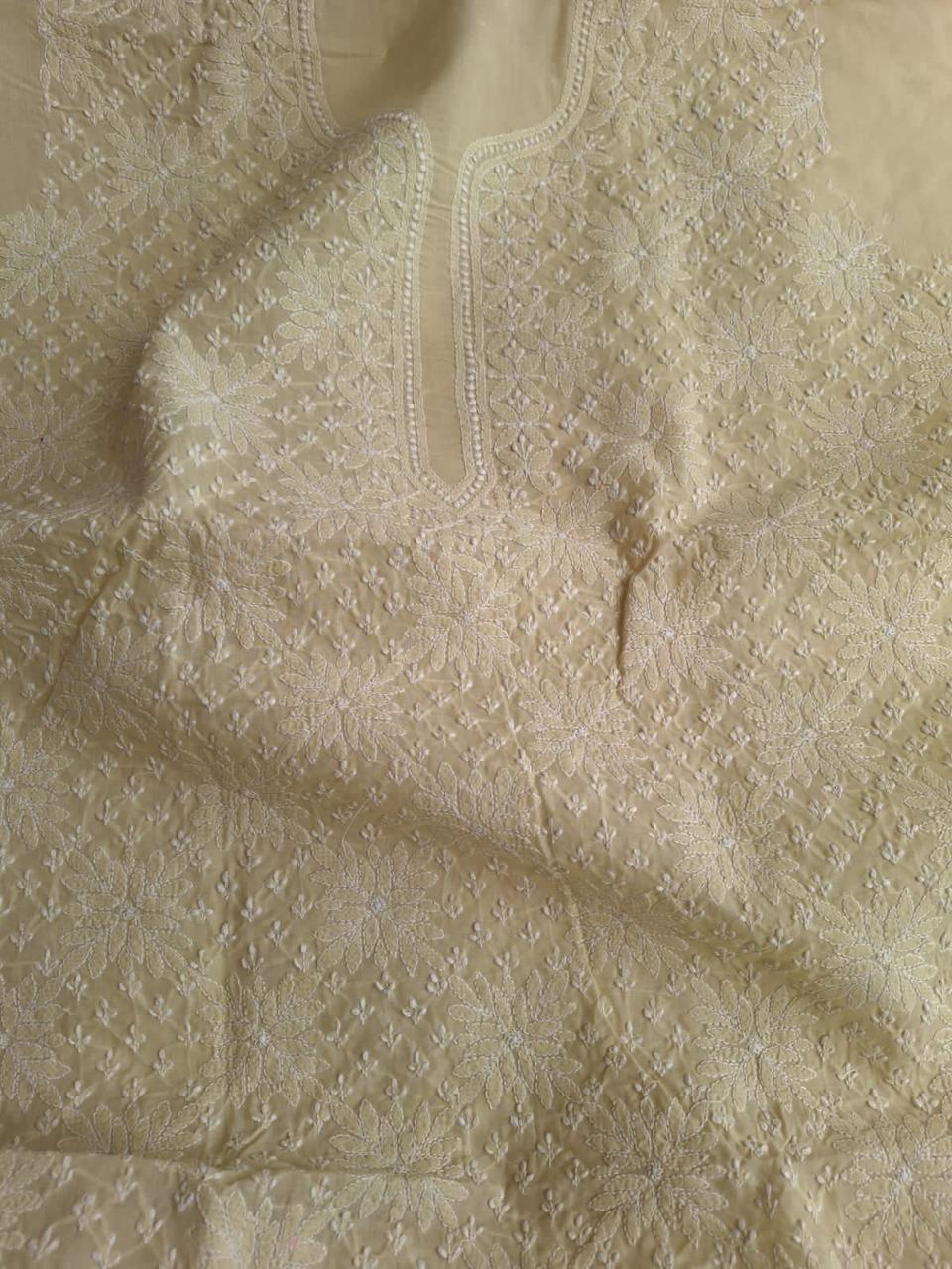 Beige hand Embroidered cotton kurta fabric