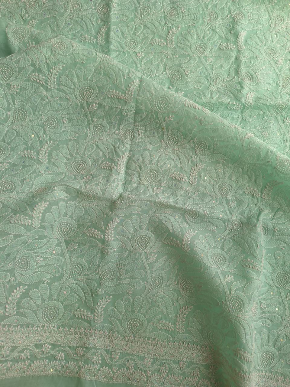 Sea Green Cotton embroidered kurta with pearl work